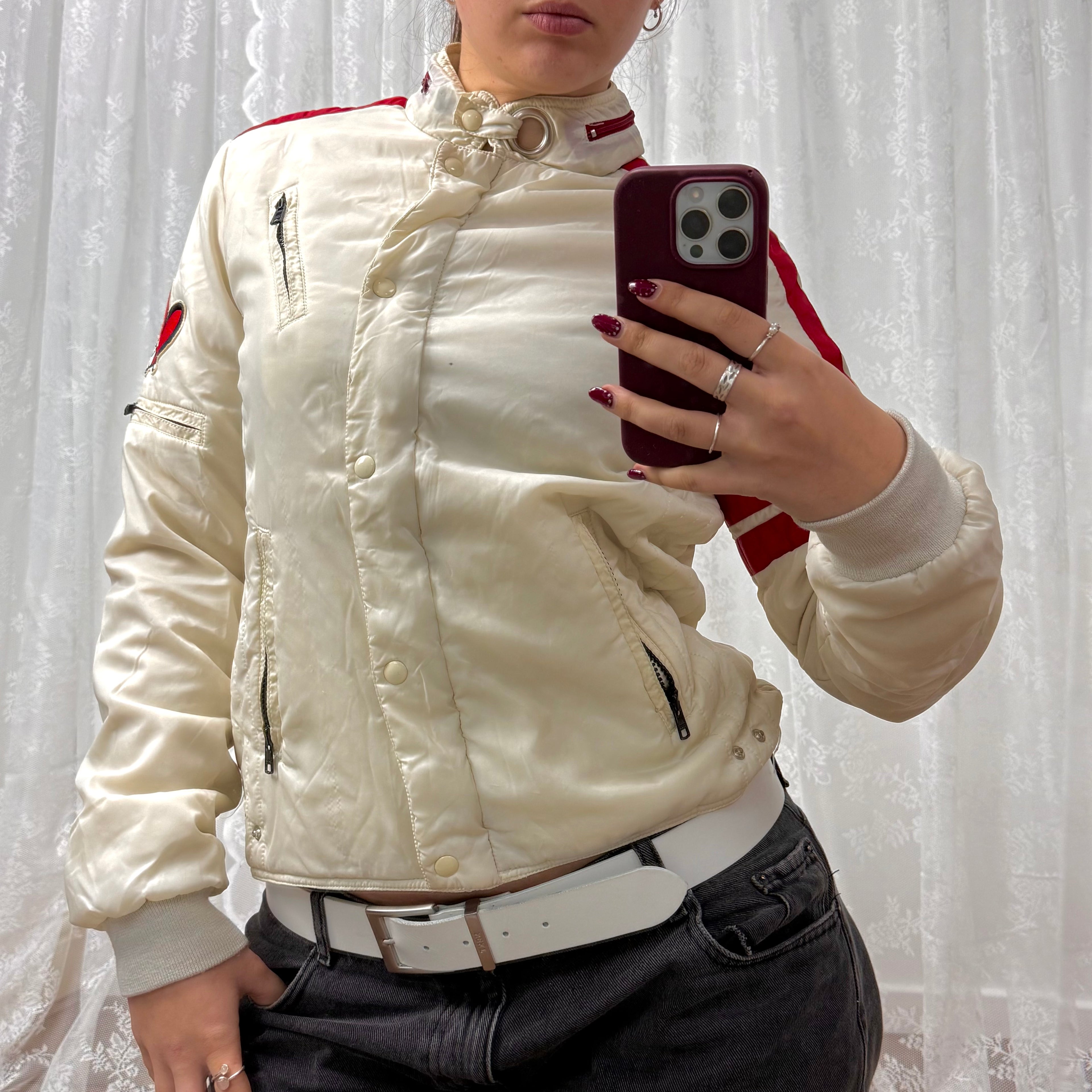 Cream and red vintage bomber jacket