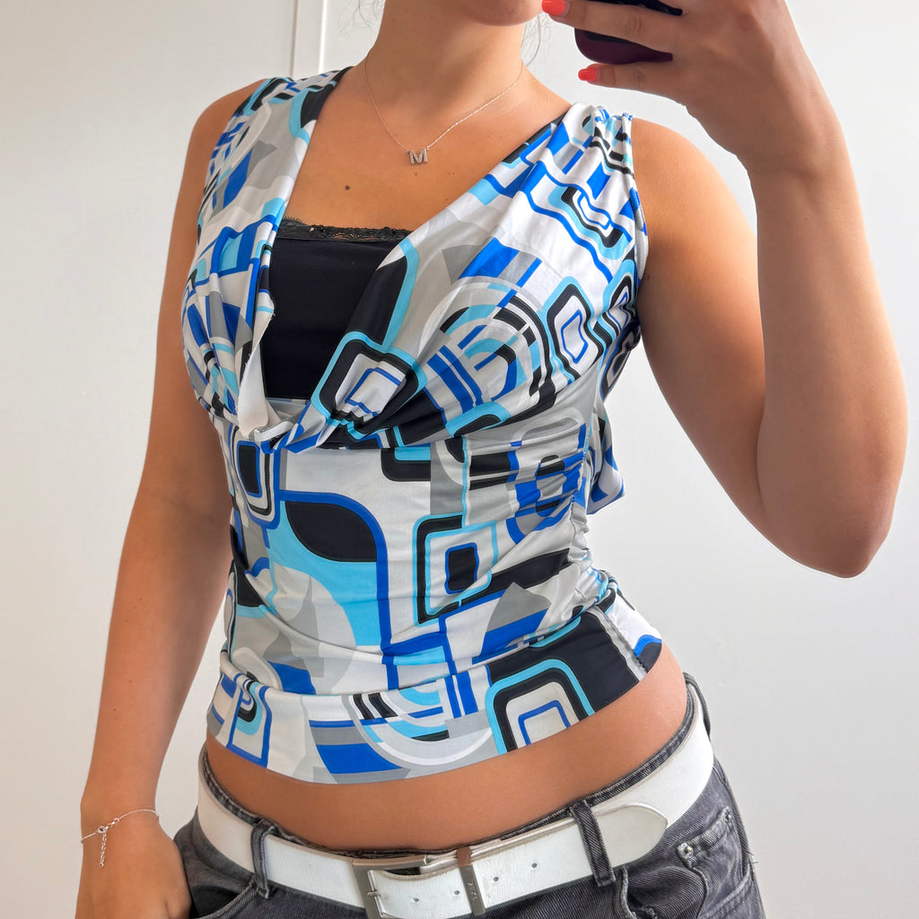 Blue patterned slinky layered cowl neck top