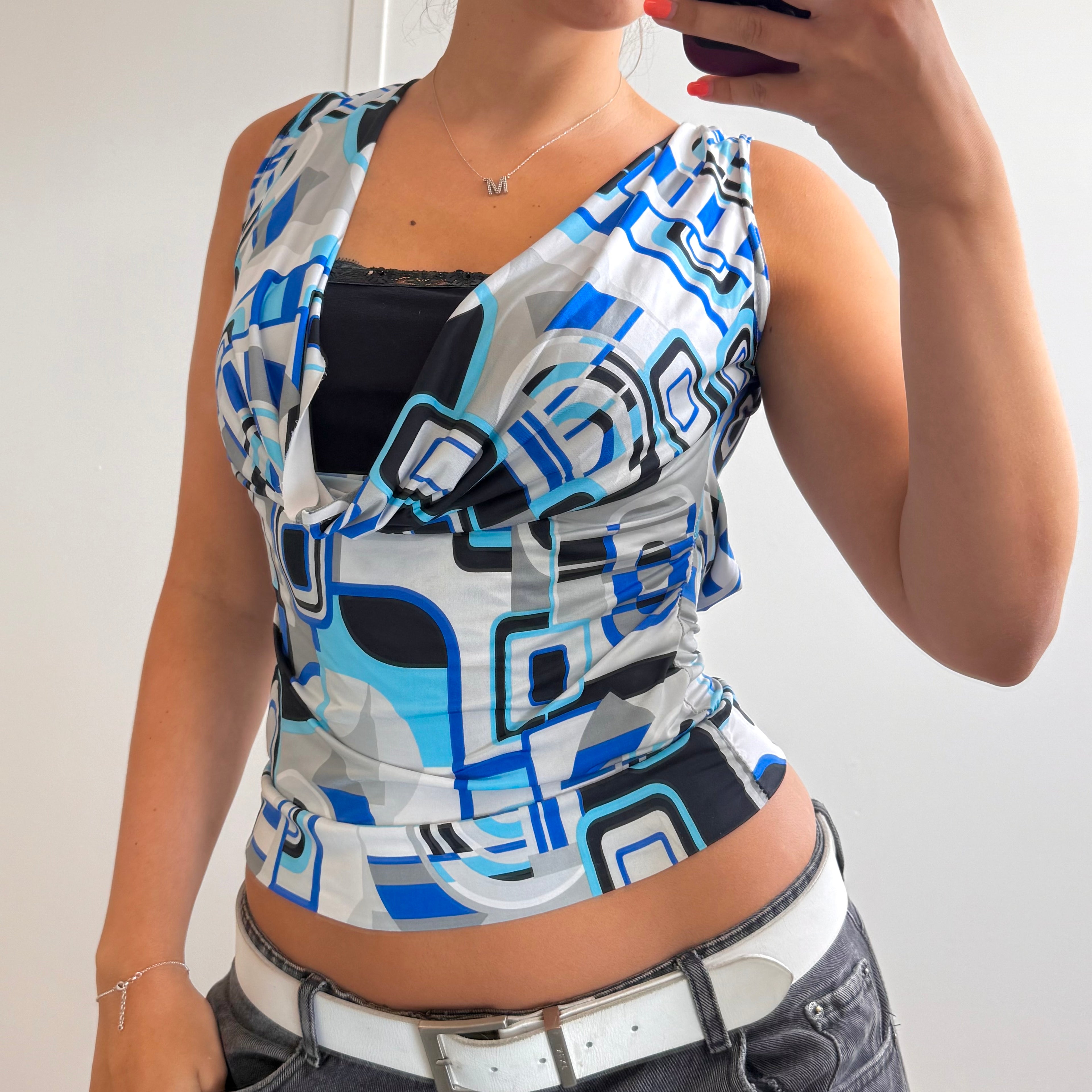 Blue patterned slinky layered cowl neck top