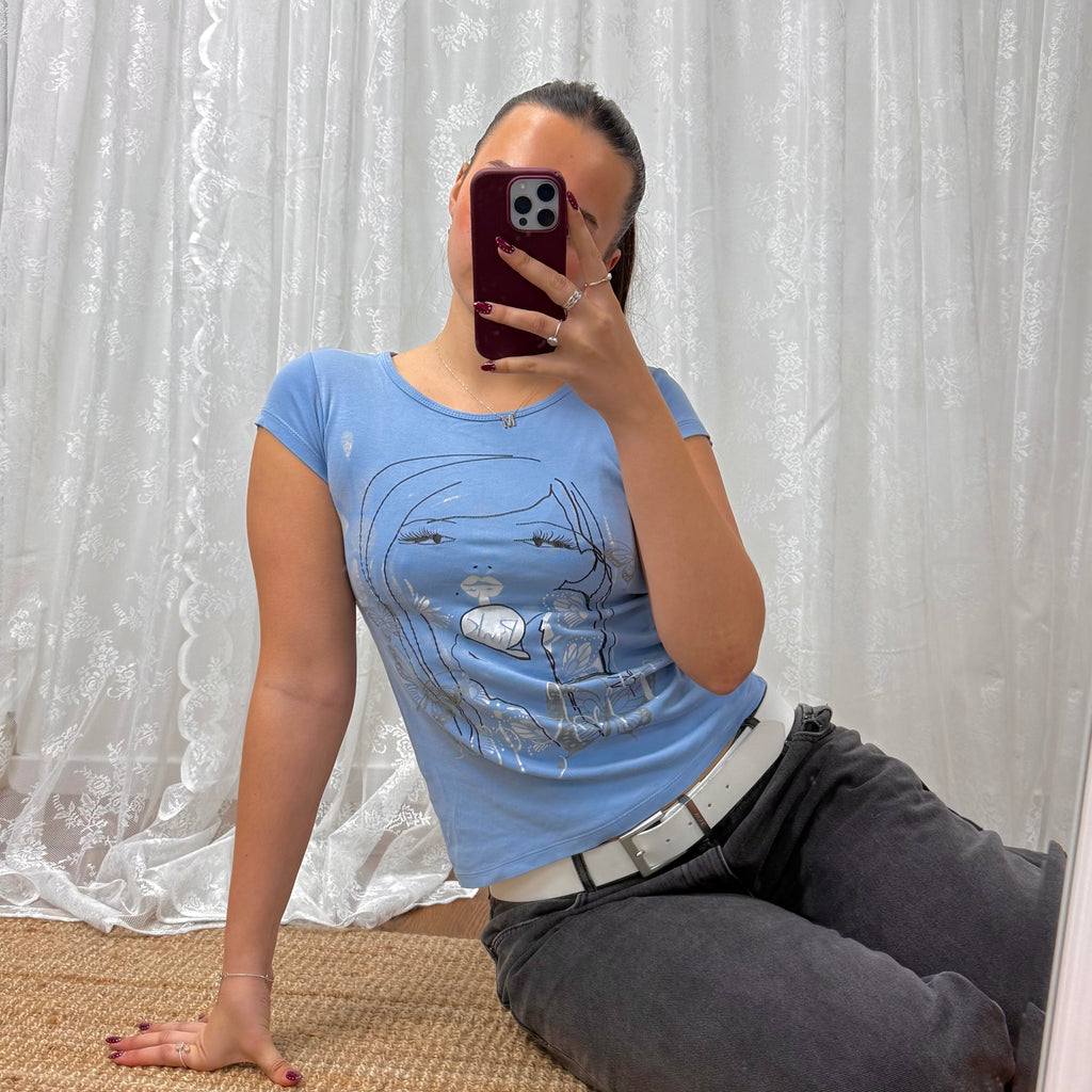 Blue and silver graphic baby tee