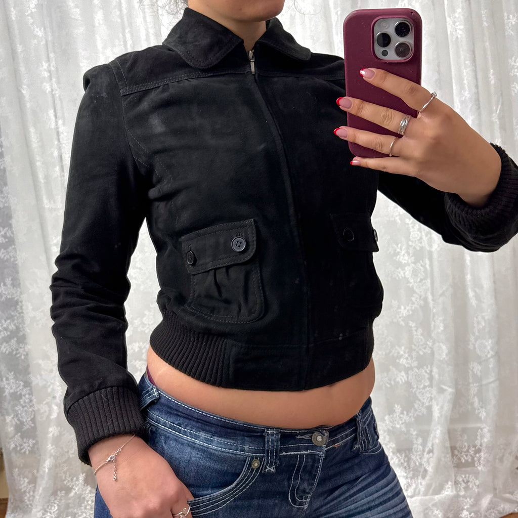Black suede bomber jacket