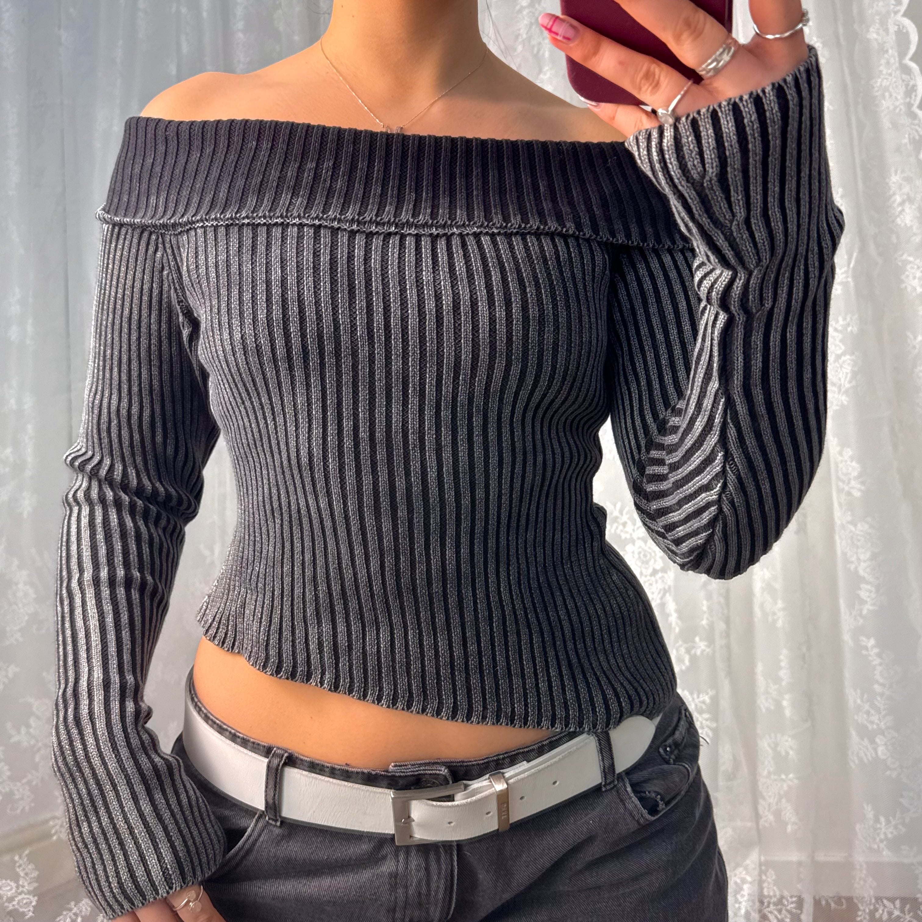 Grey washed ribbed off the shoulder jumper