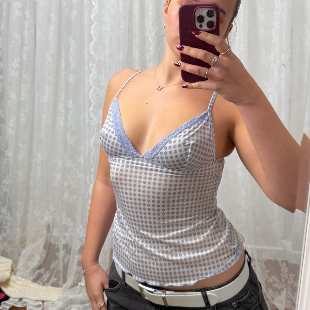 Light blue and white mesh patterned cami top