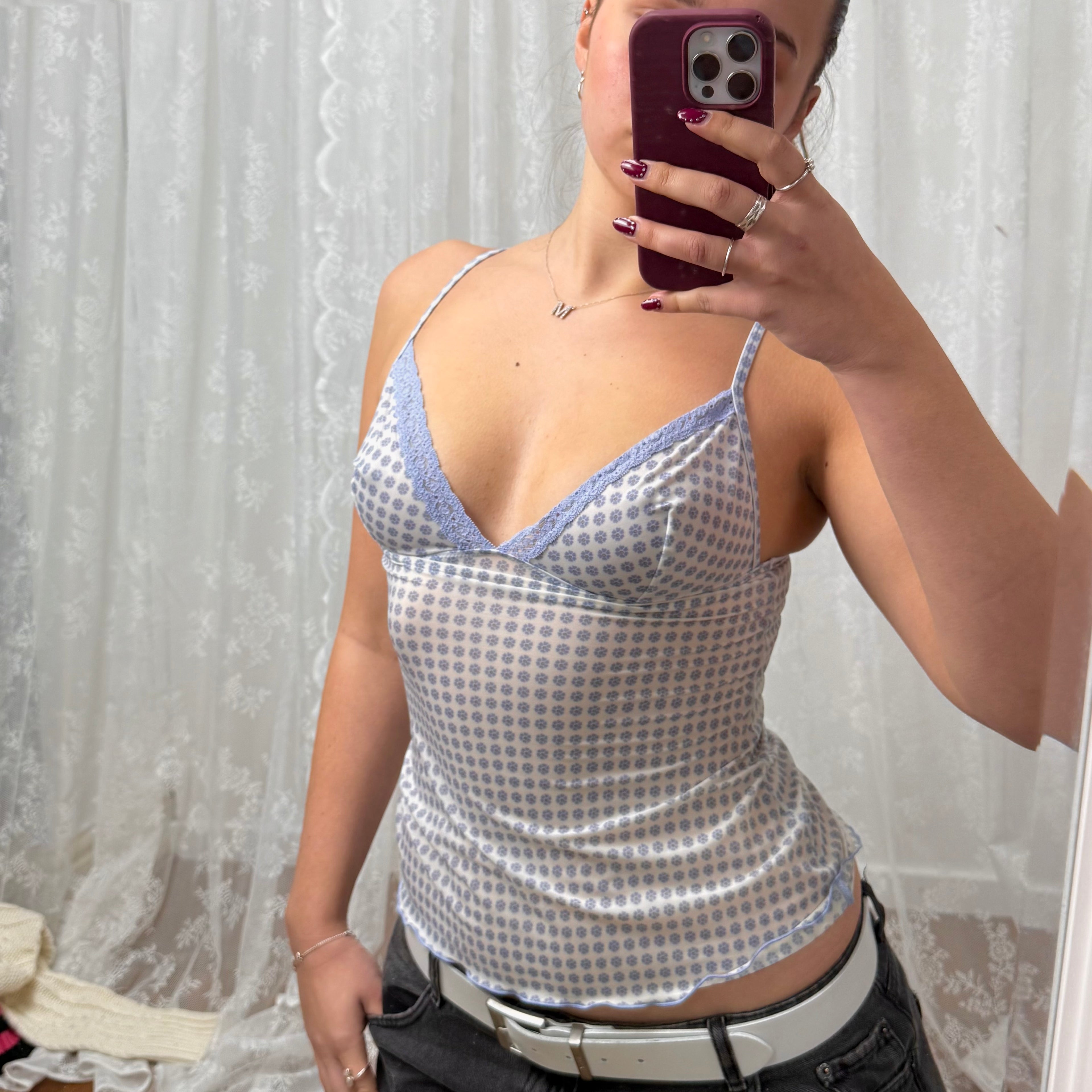 Light blue and white mesh patterned cami top