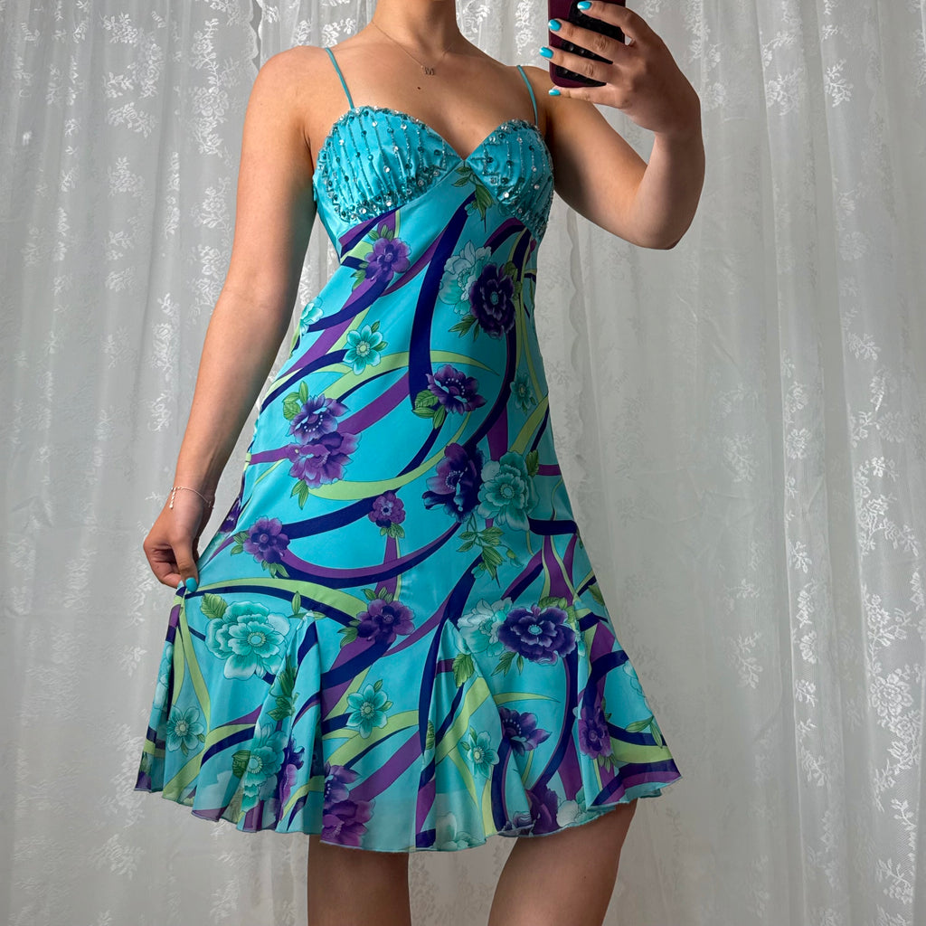 Blue and purple beaded mesh midi dress