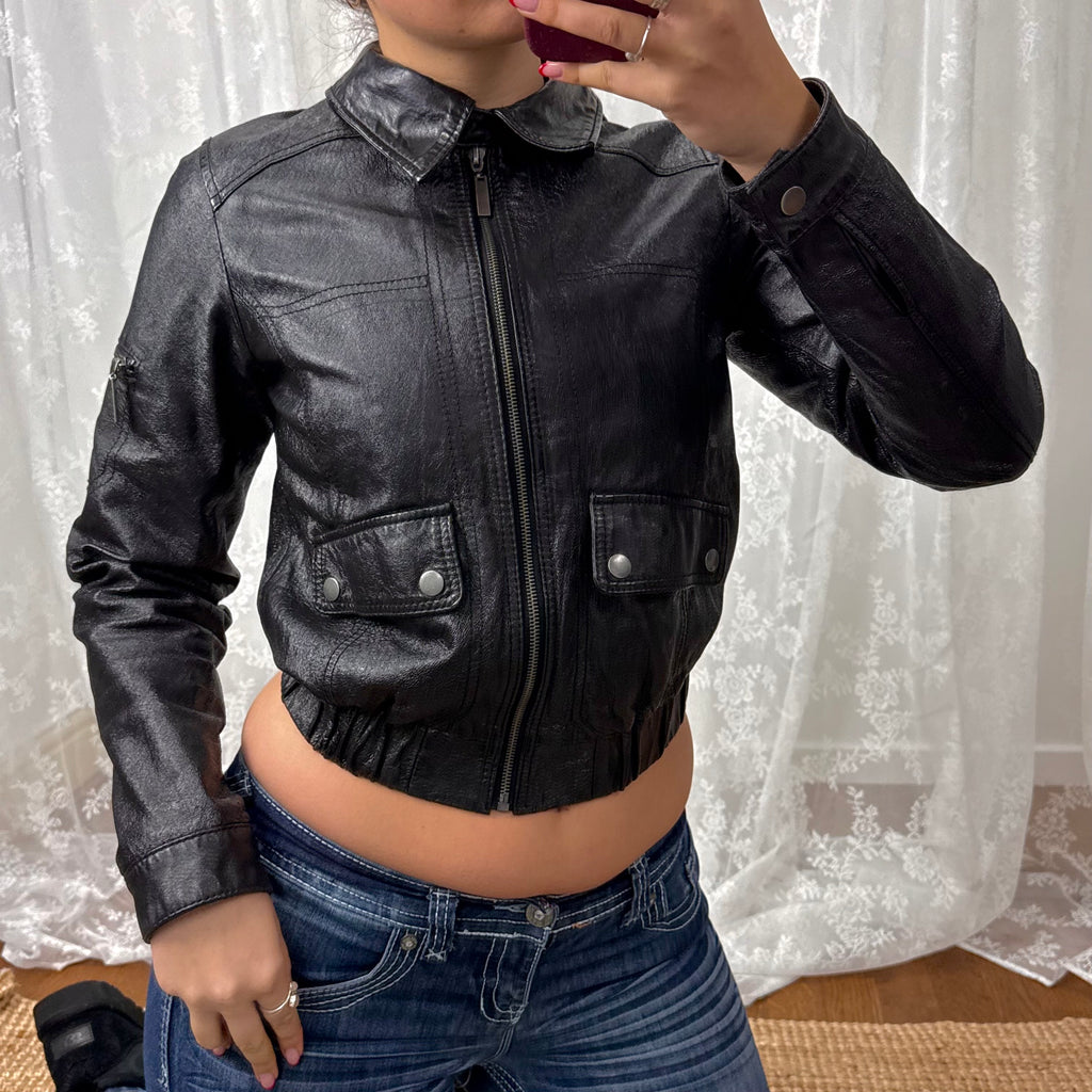 Black shiny leather bomber jacket