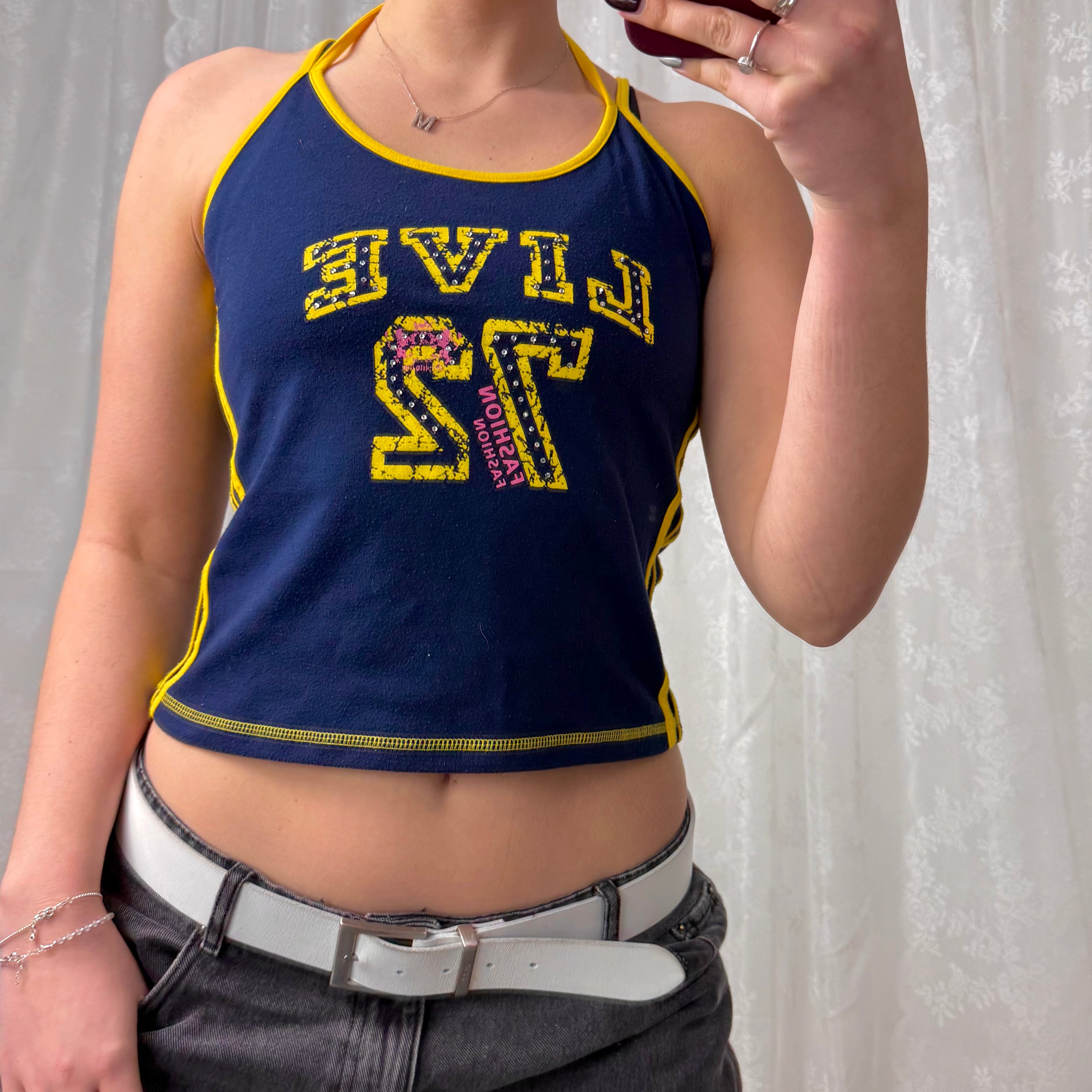Blue and yellow detailed tank top with halterneck detail