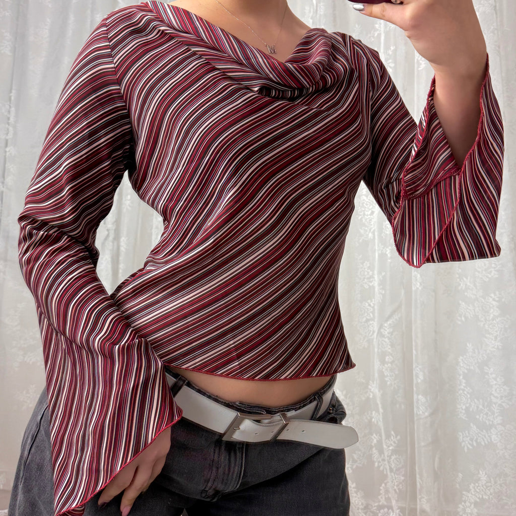 Red striped cowl neck long sleeved top