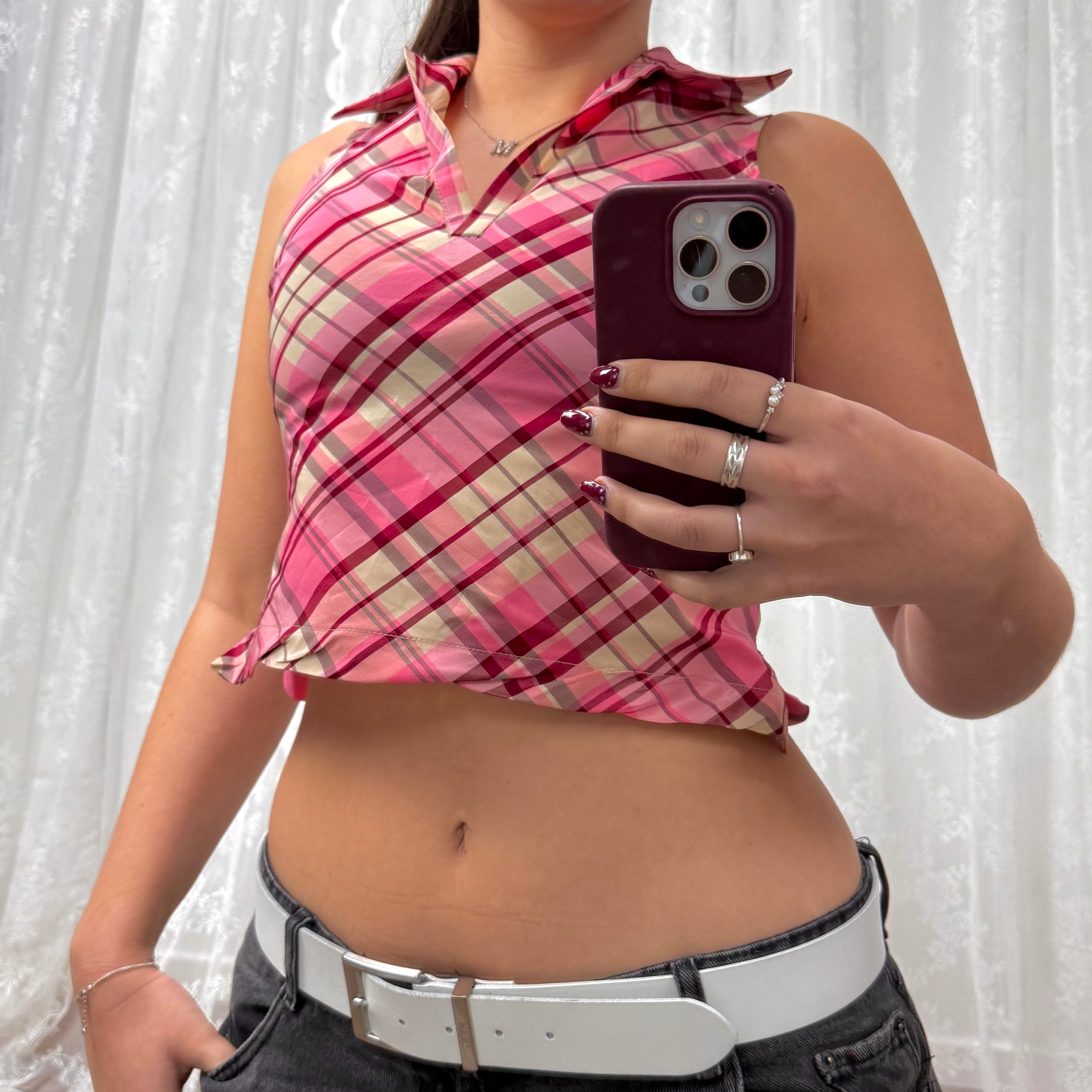 Pink checkered crop top with collar
