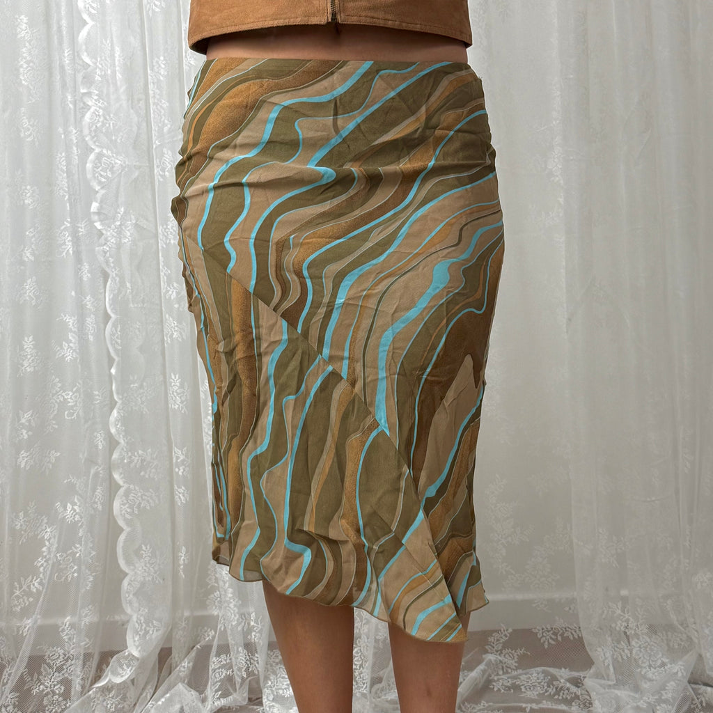 Beige and blue patterned midi skirt
