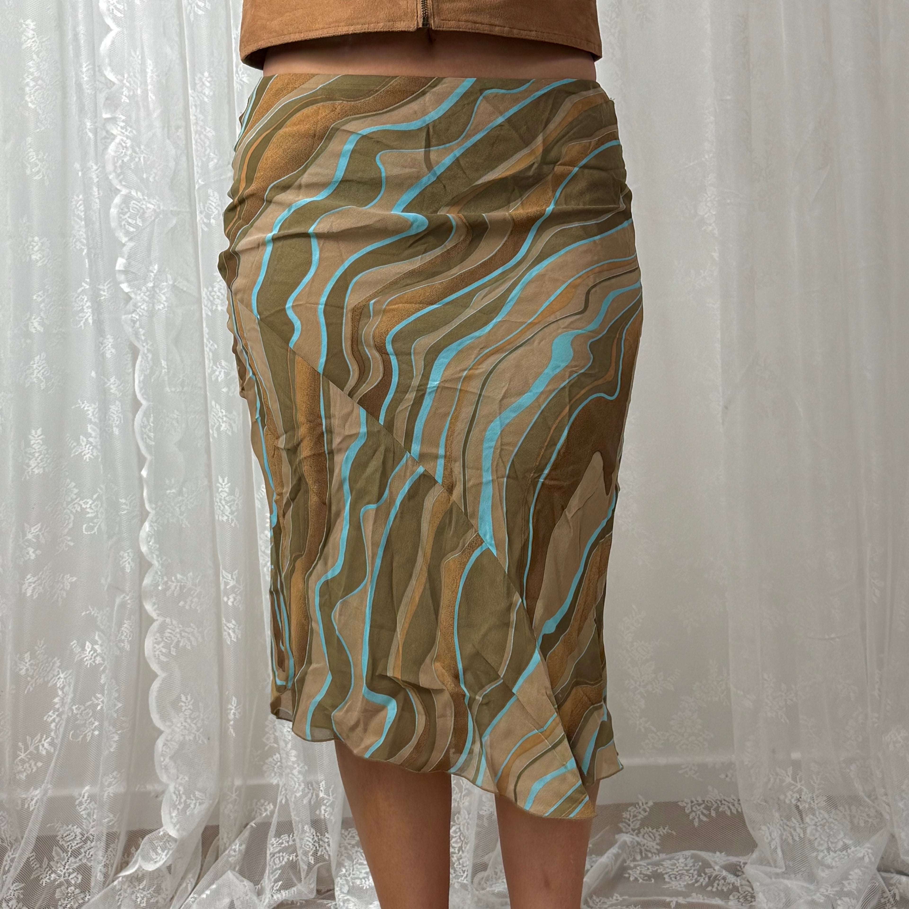 Beige and blue patterned midi skirt