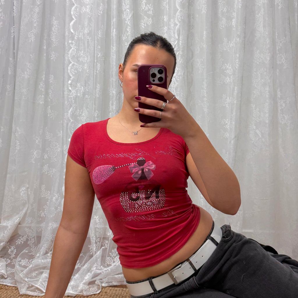 Pink y2k perfume baby tee with rhinestone detailing