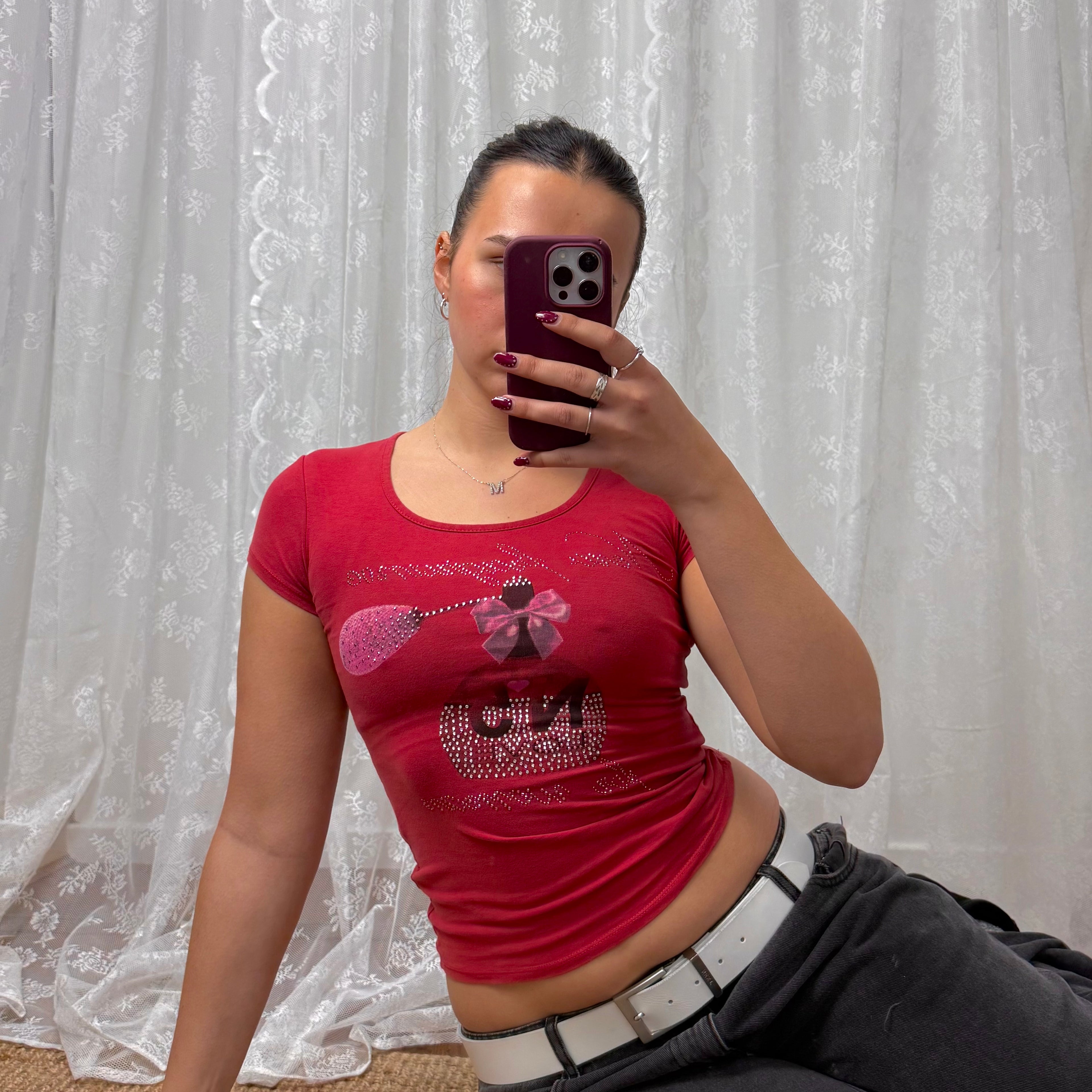 Pink y2k perfume baby tee with rhinestone detailing