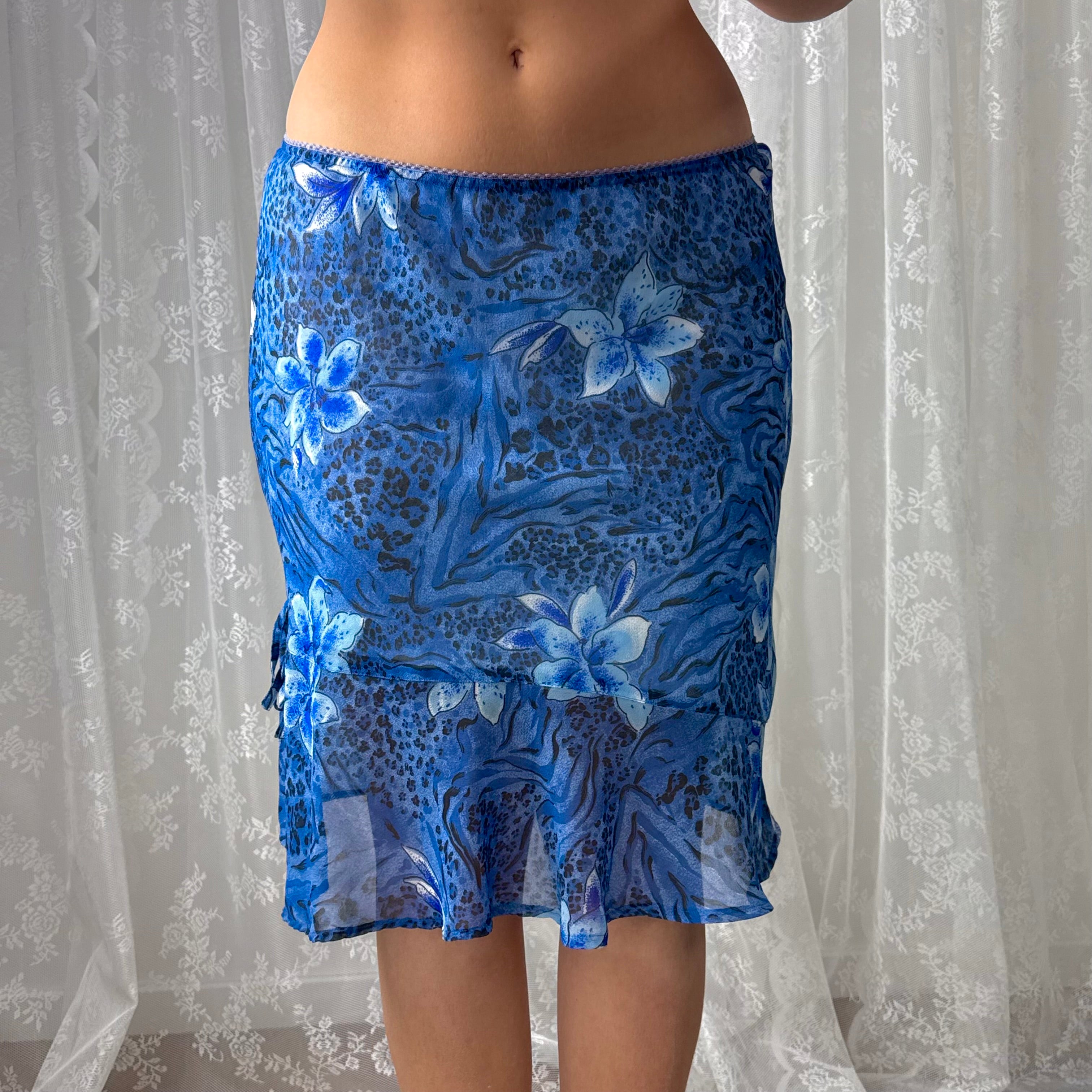Blue floral mesh midi skirt with tie detailing