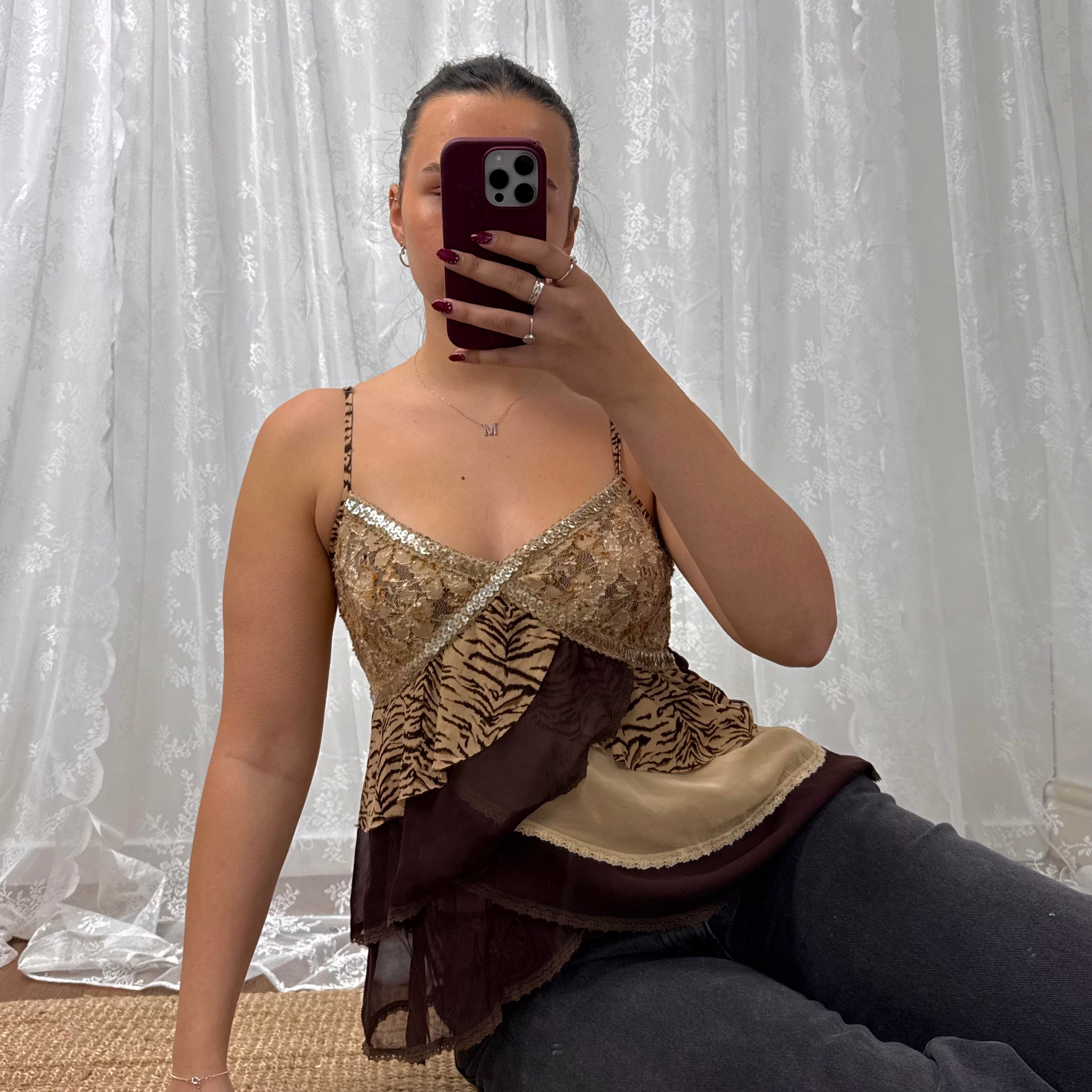 Gold and brown sequin floaty cami top