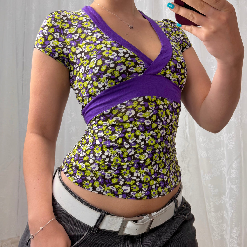 Purple and green slinky patterned top with tie back