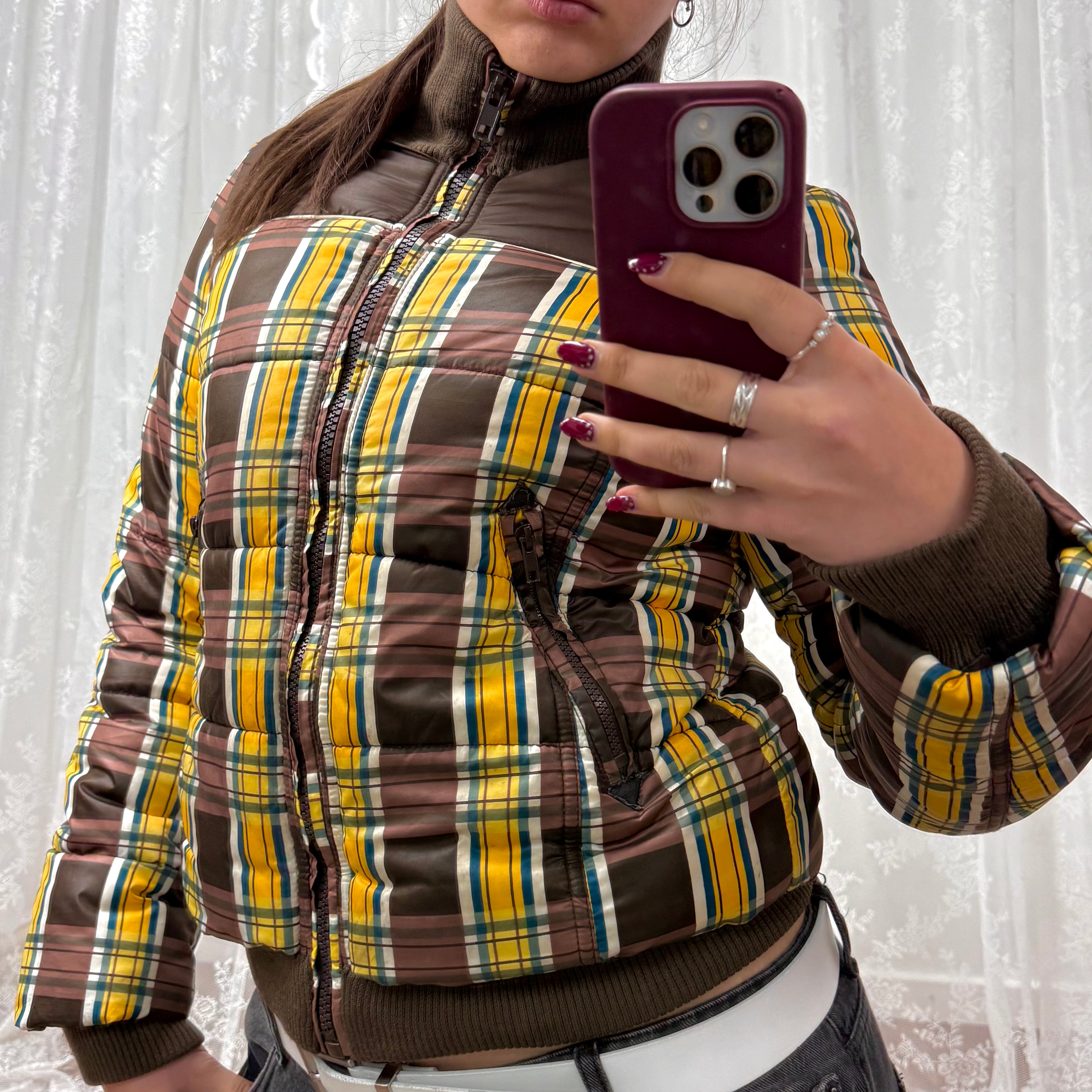 Brown and yellow vintage checkered padded jacket