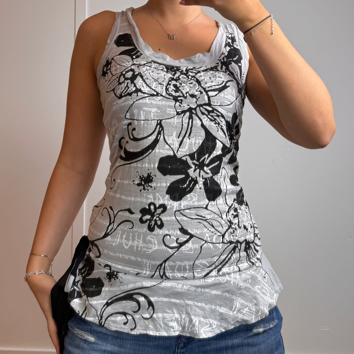 Black and grey patterned frill tank top