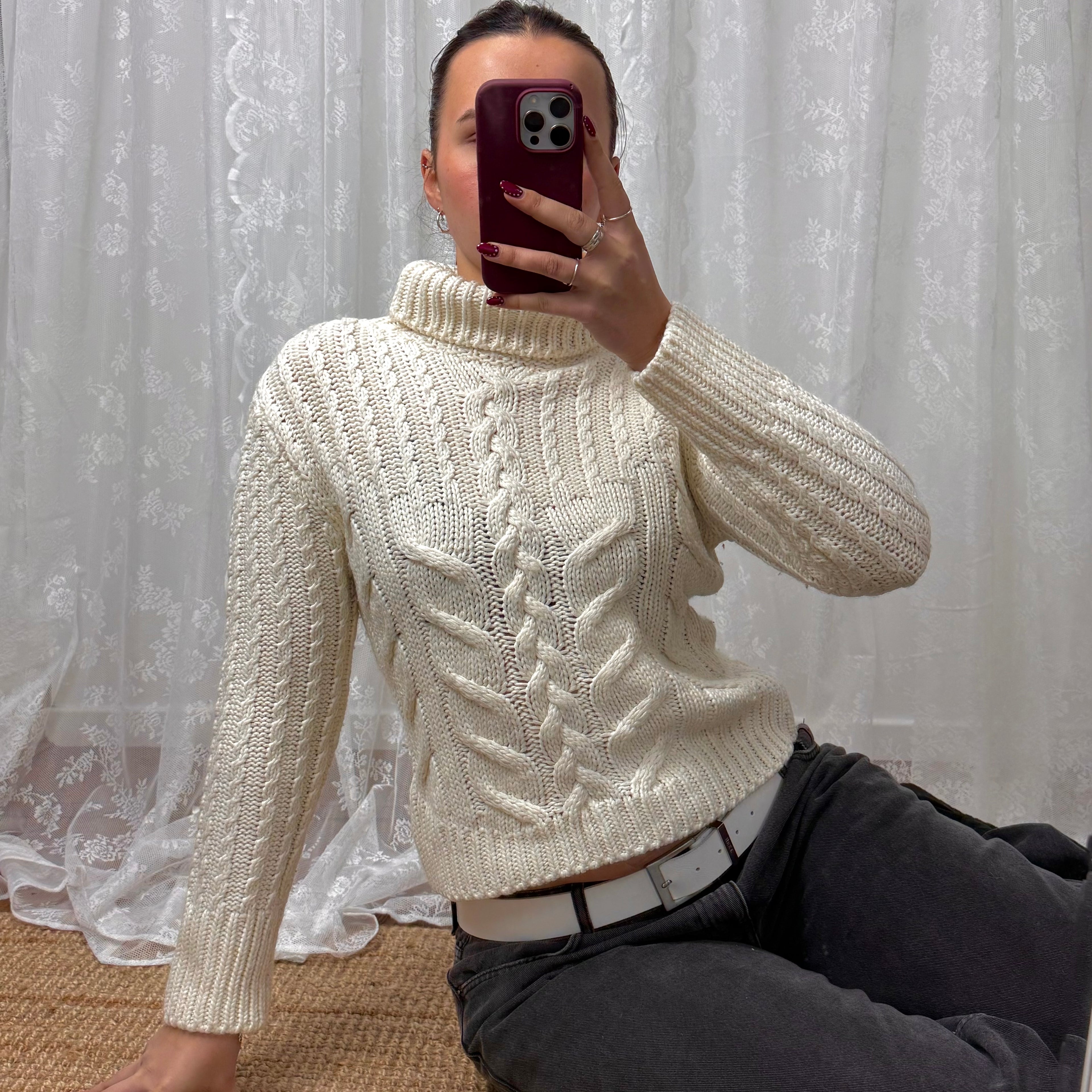 Cream cable knit turtleneck sweater