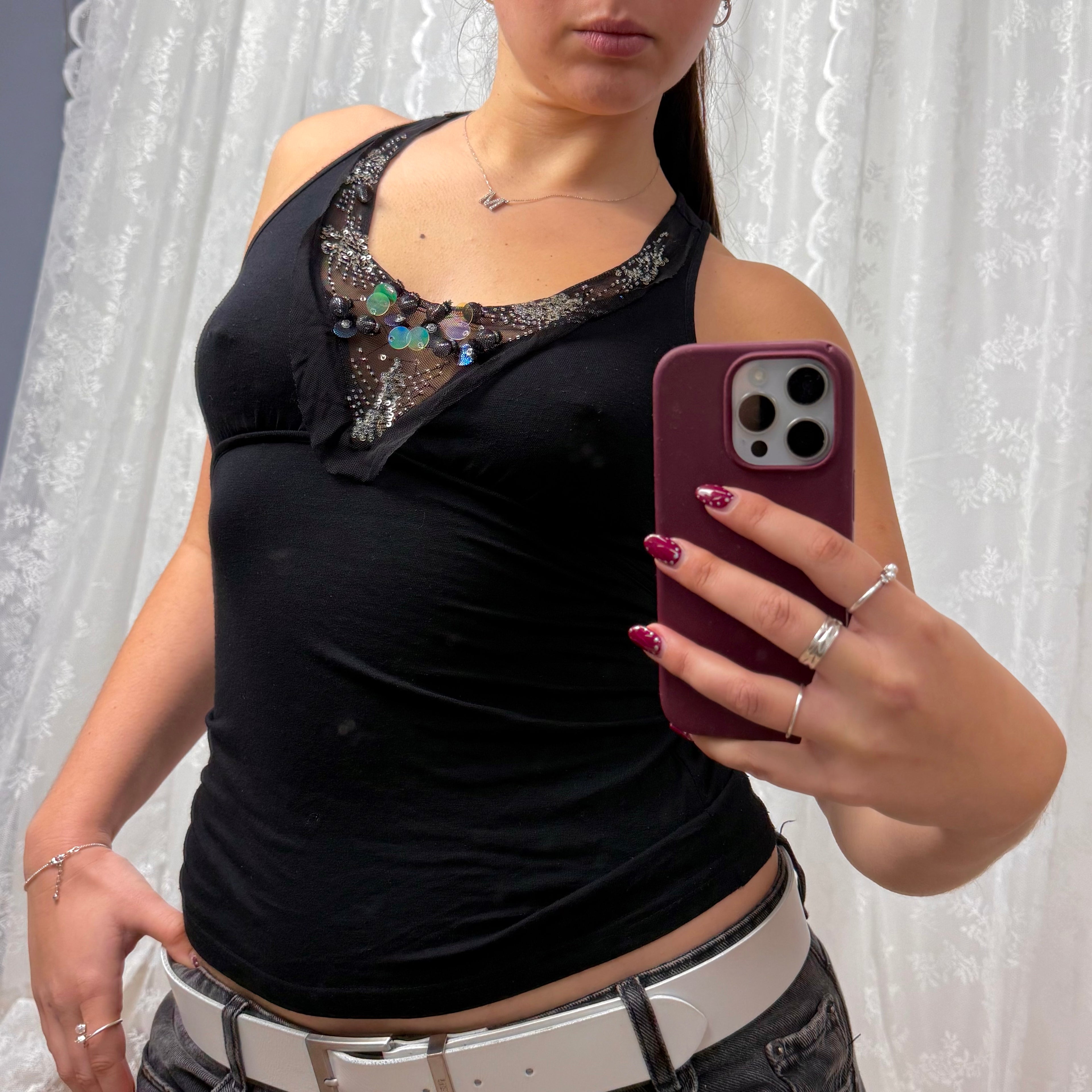 Black beaded cami top with tie back