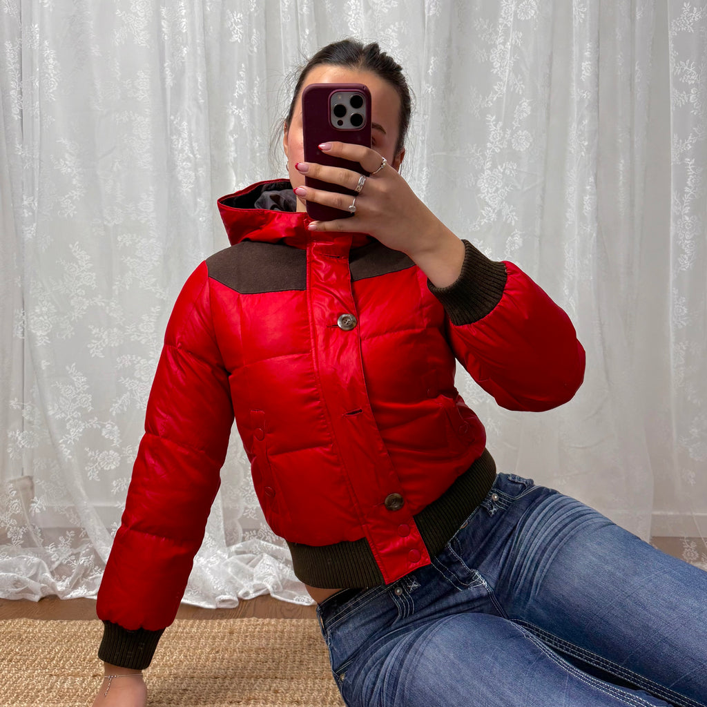 Brown and red puffer jacket