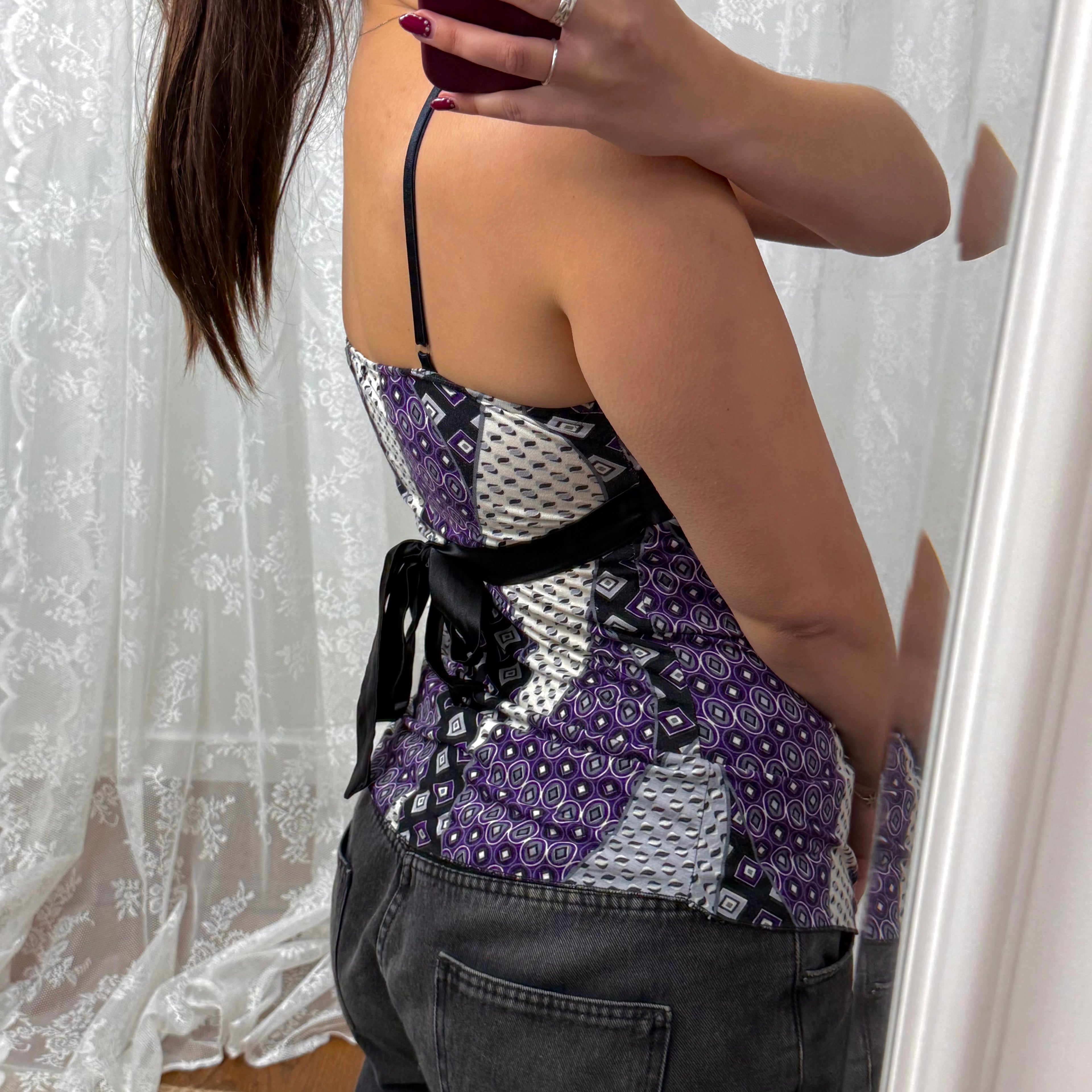 Black and purple patterned cami top with tie back detail