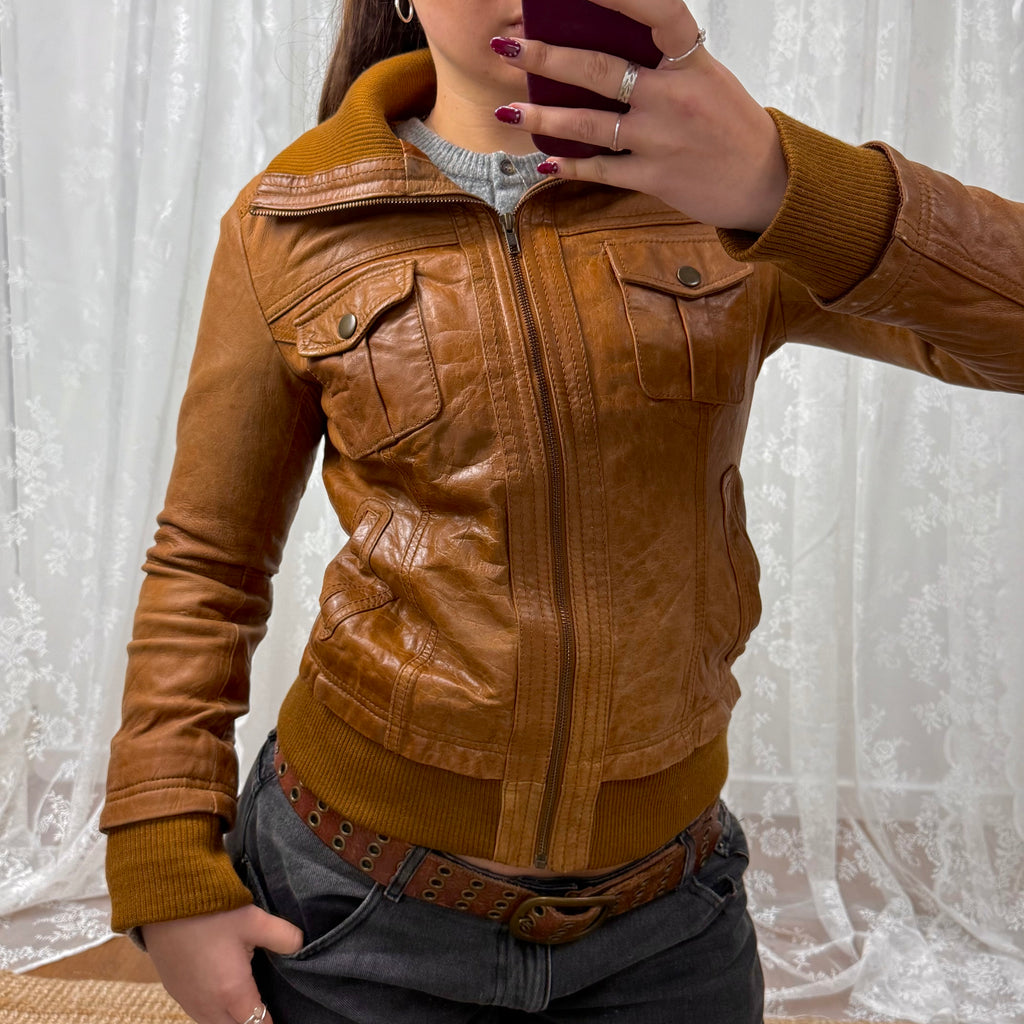 Brown/tan leather bomber Jacket