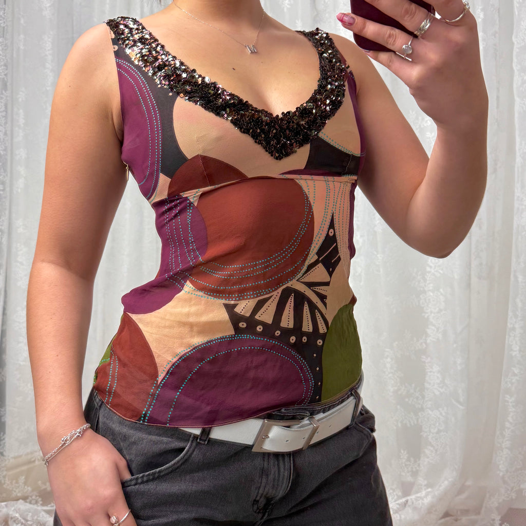 Multicoloured sequin mesh cami top