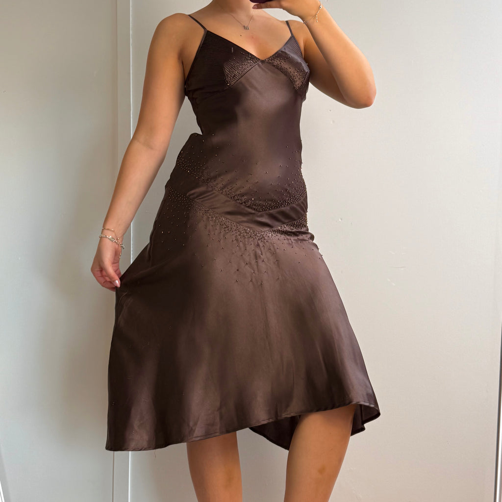 Brown beaded satin midi dress
