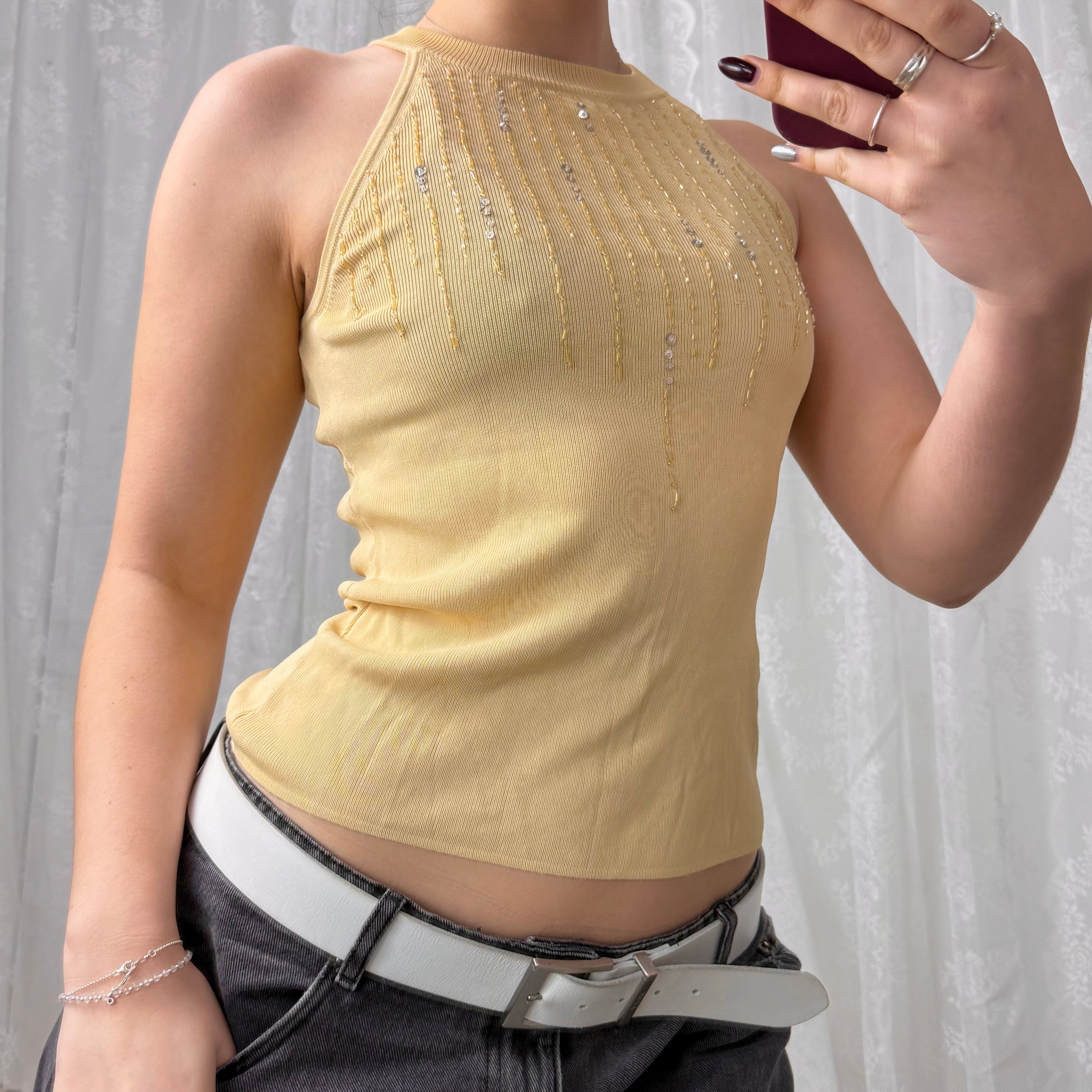 Beige sequin racer top