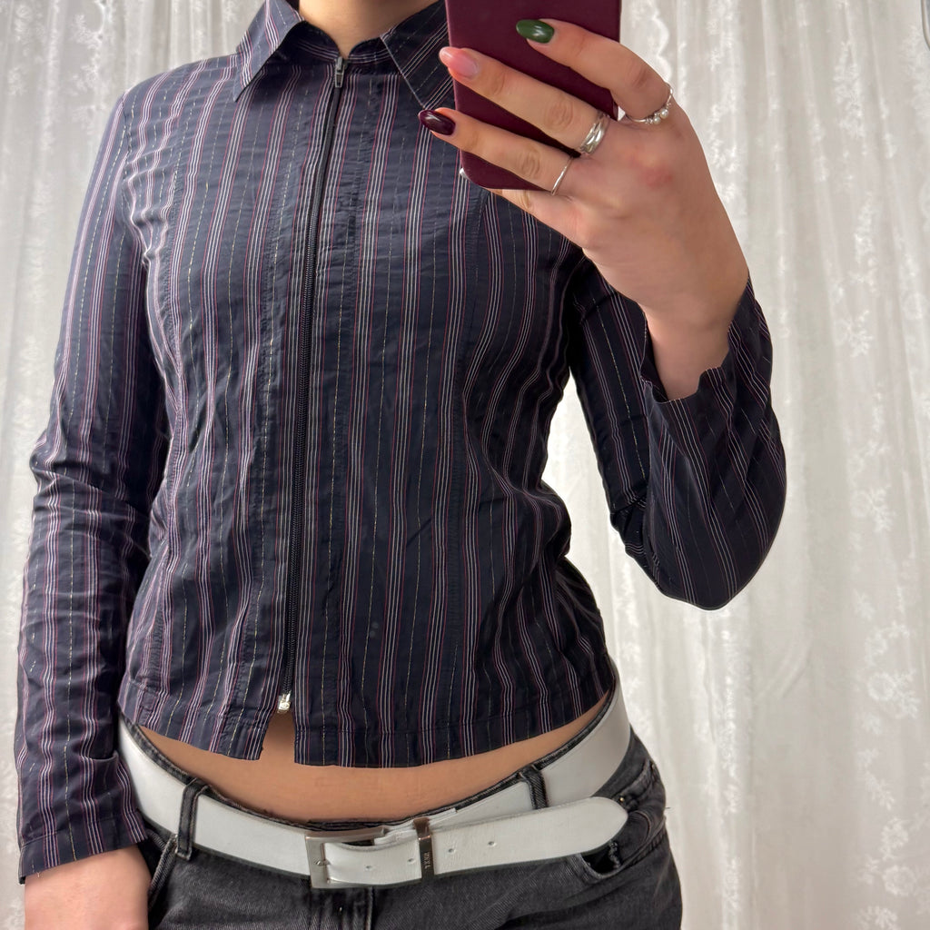 Blue striped collared zip up shirt