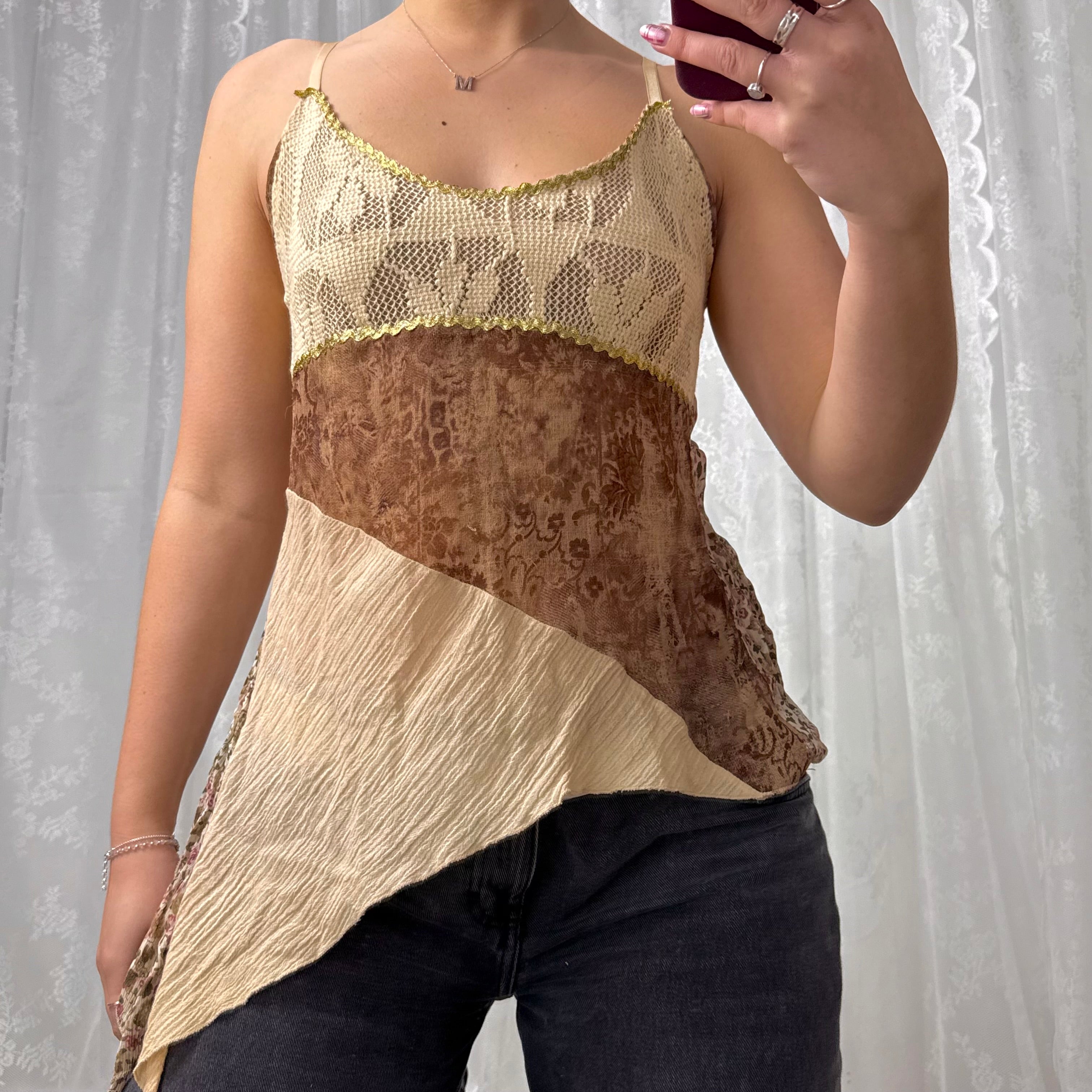Beige patchwork asymmetrical cami top