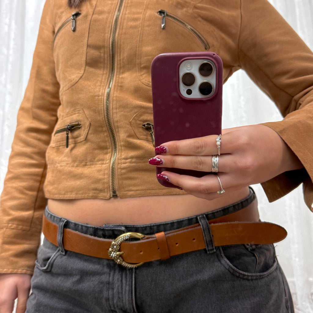 Tan leather diamanté buckle belt