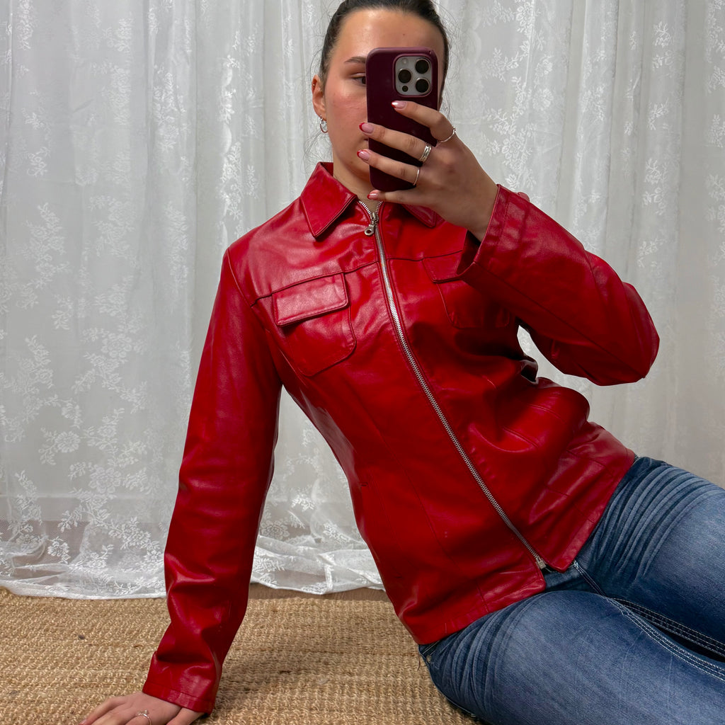 Red leather zip up collared jacket