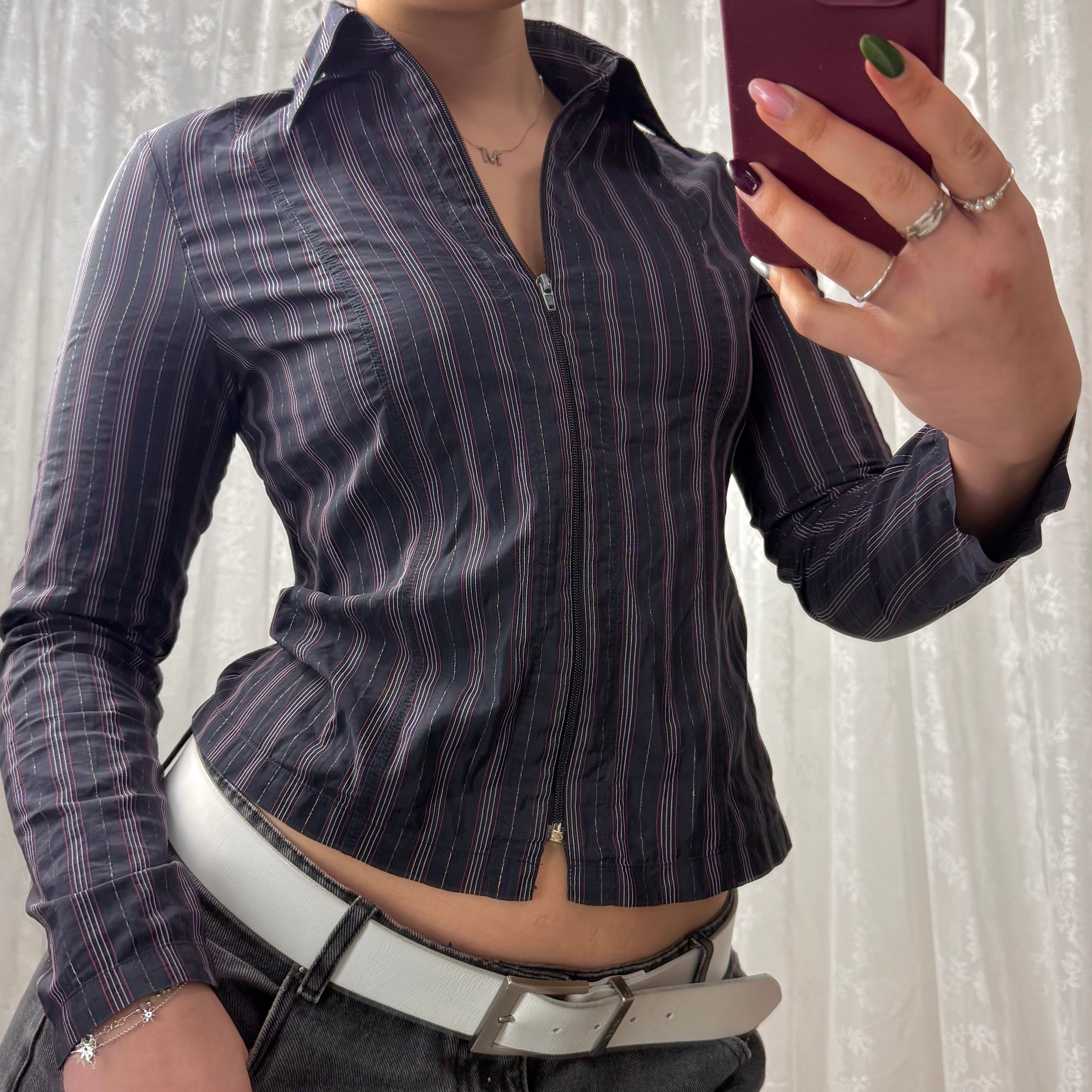 Blue striped collared zip up shirt