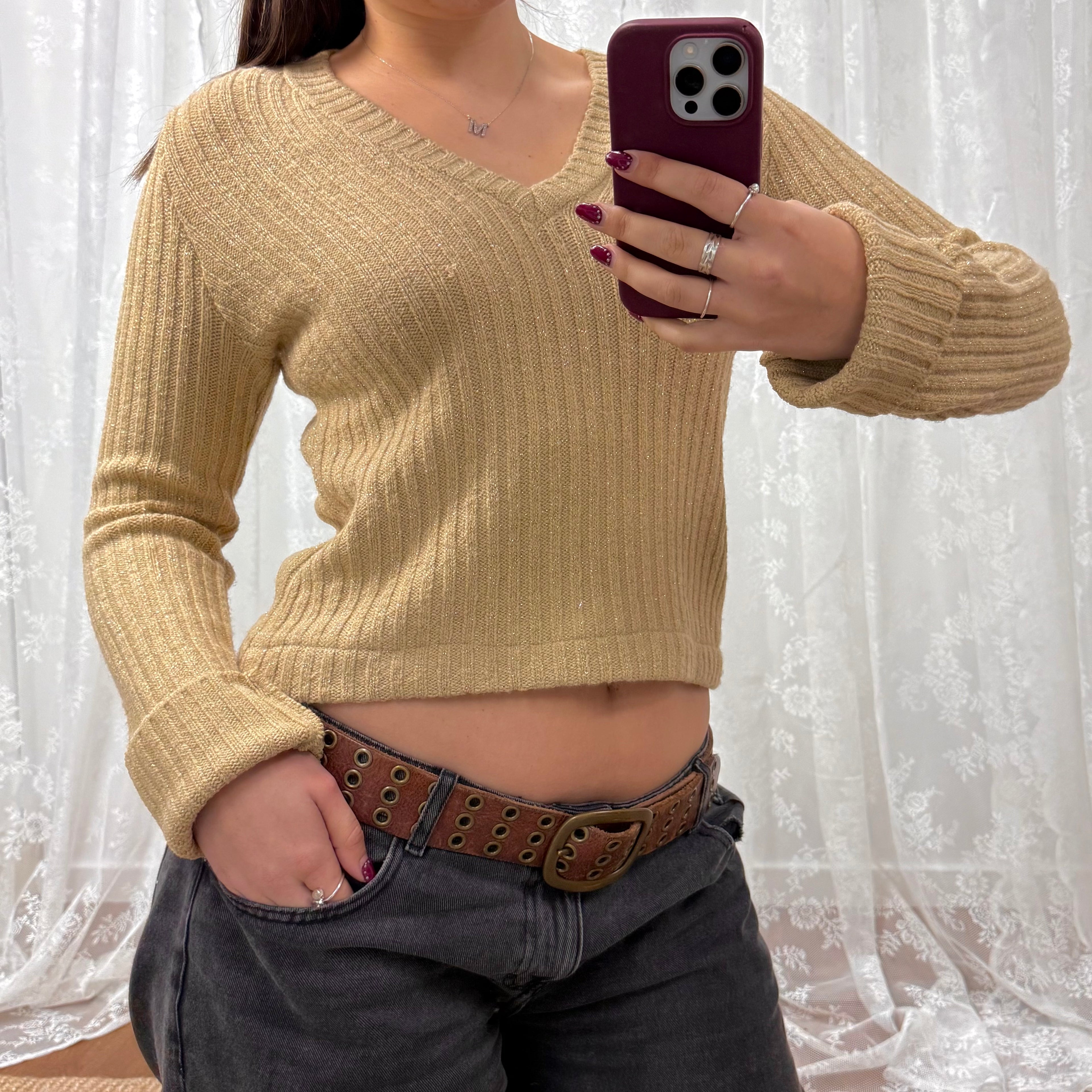 Gold glittery v neck sweater
