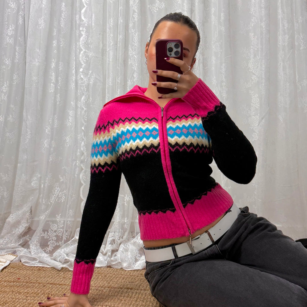 Double zip vintage 2000s pink patterned jumper