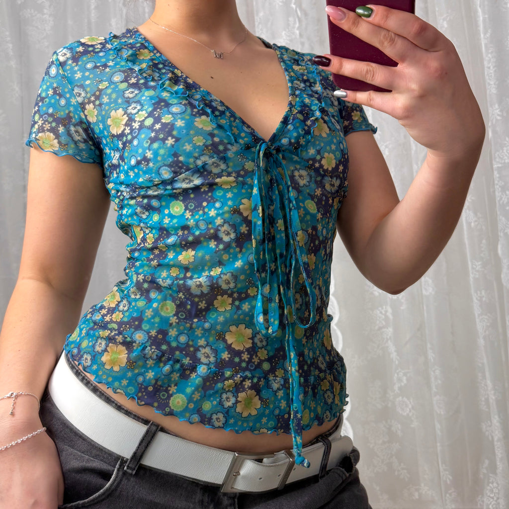 Blue mesh short sleeved floral top
