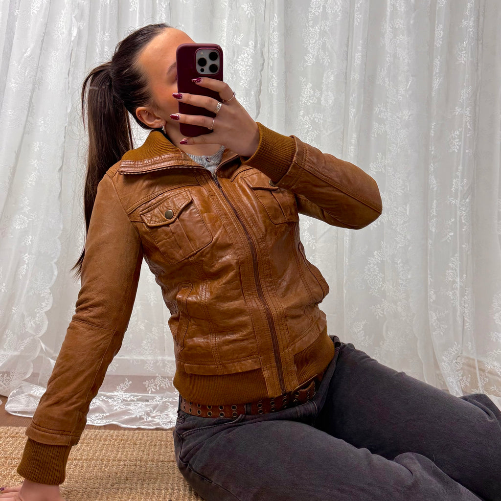 Brown/tan leather bomber Jacket