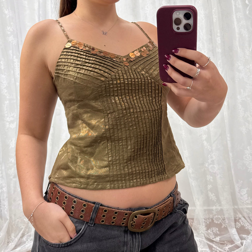 Green and bronze sequin cami top