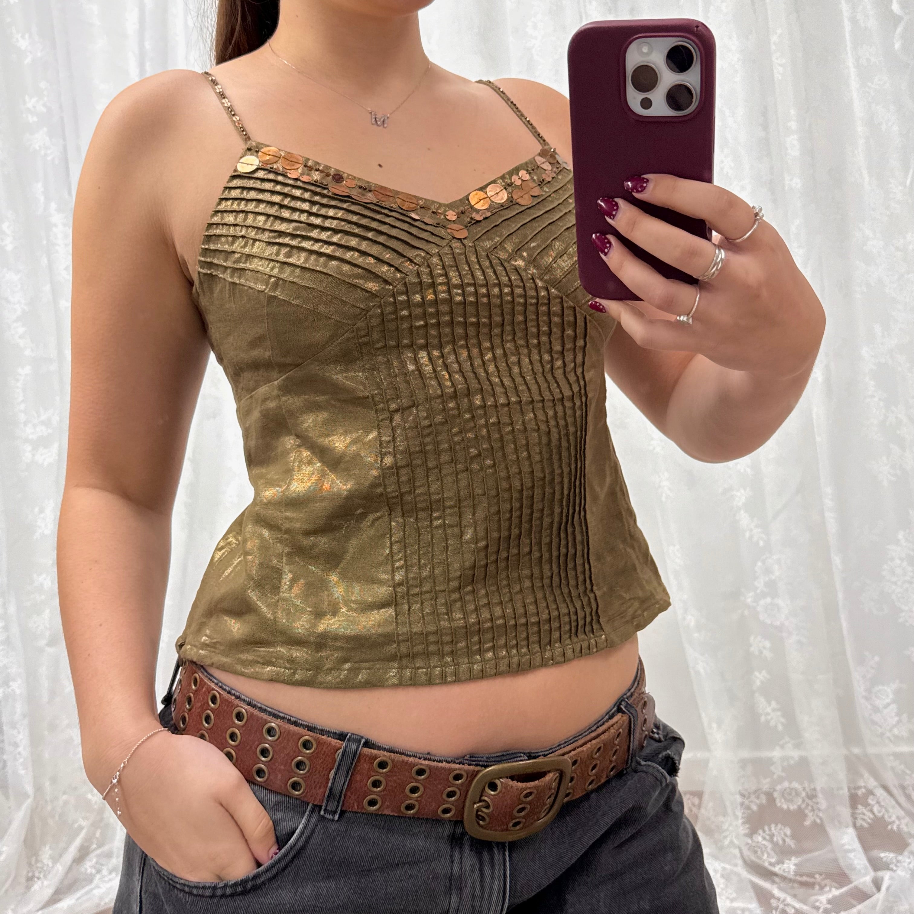 Green and bronze sequin cami top