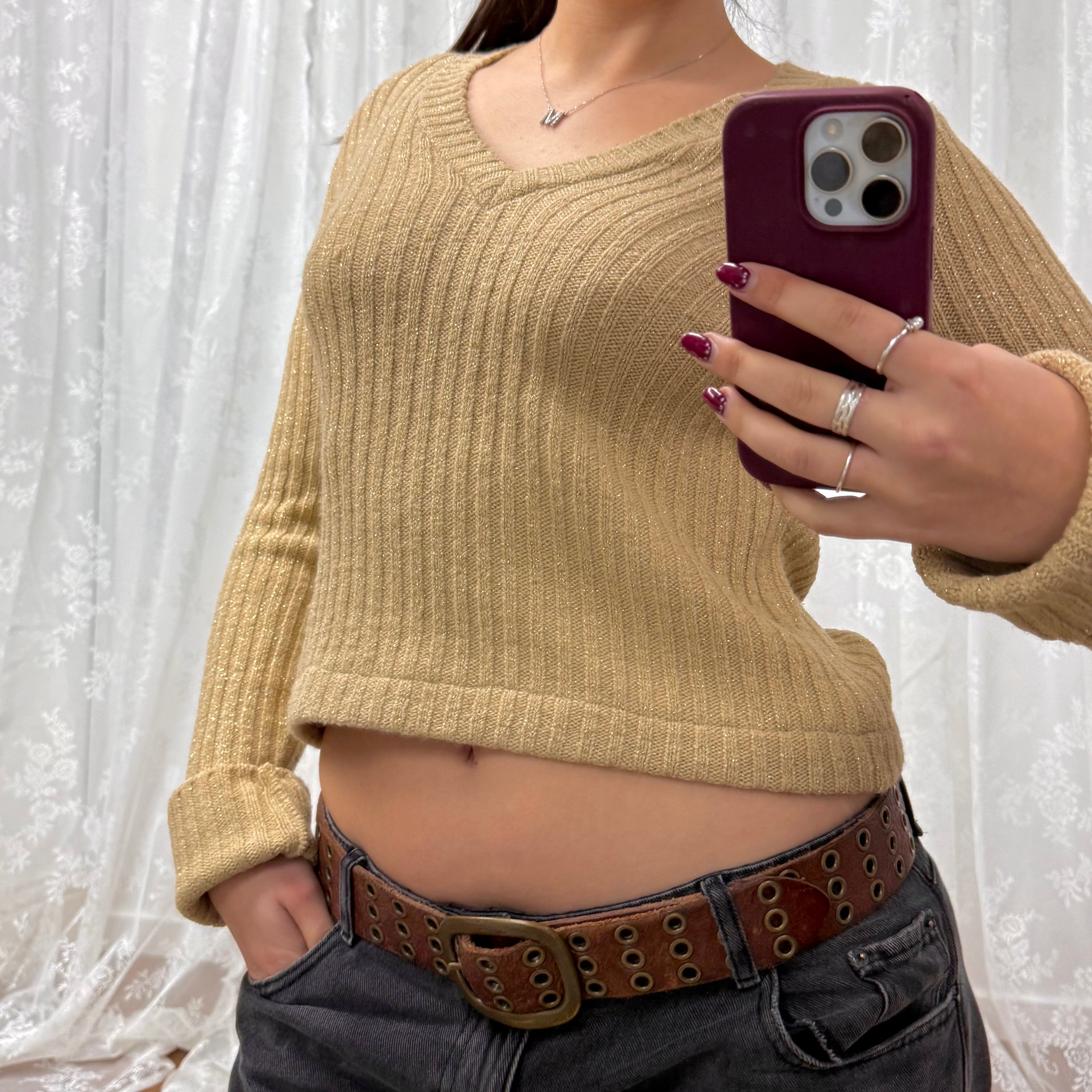 Gold glittery v neck sweater