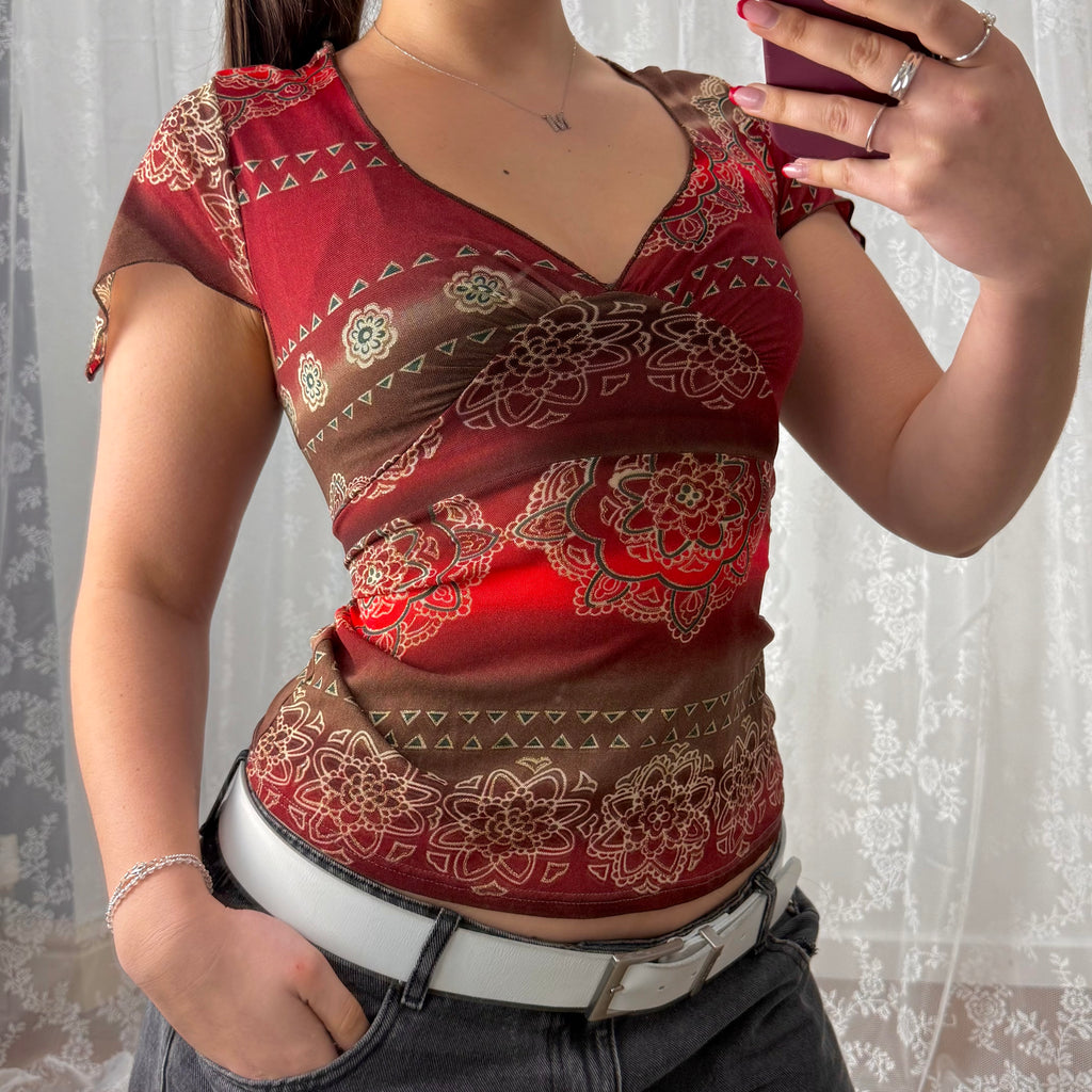 Red mesh glittery patterned top with tie back