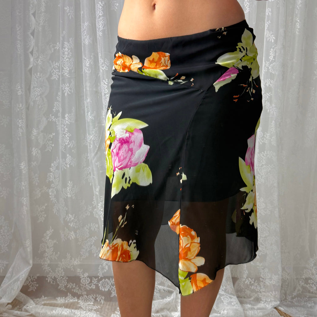 Black floral asymmetrical mesh midi skirt
