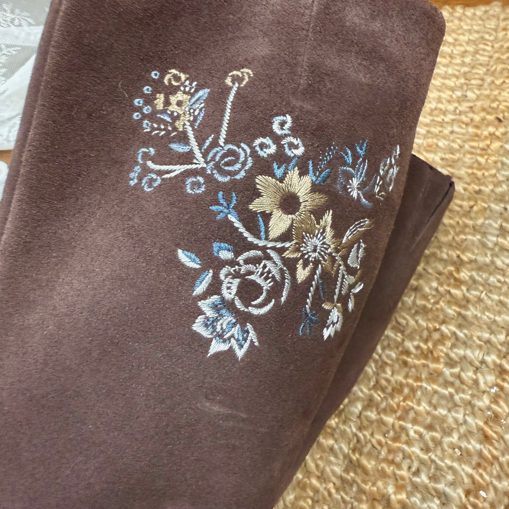 Brown embroided wedge boots