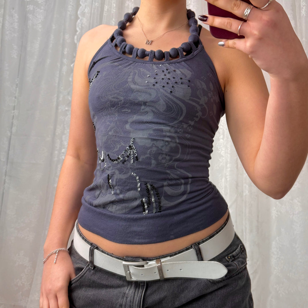 Grey sequin detailed halterneck top