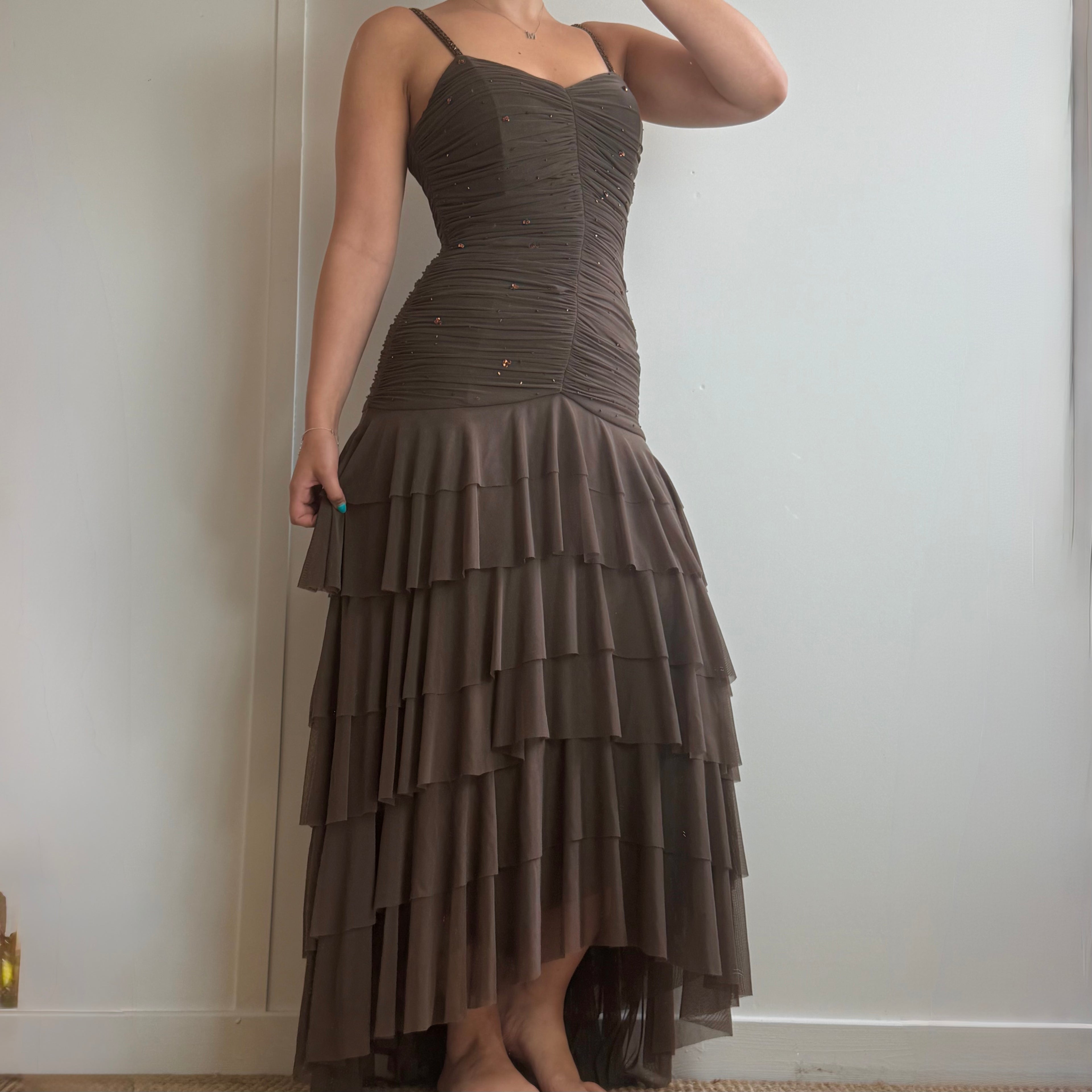 Brown waterfall beaded dress