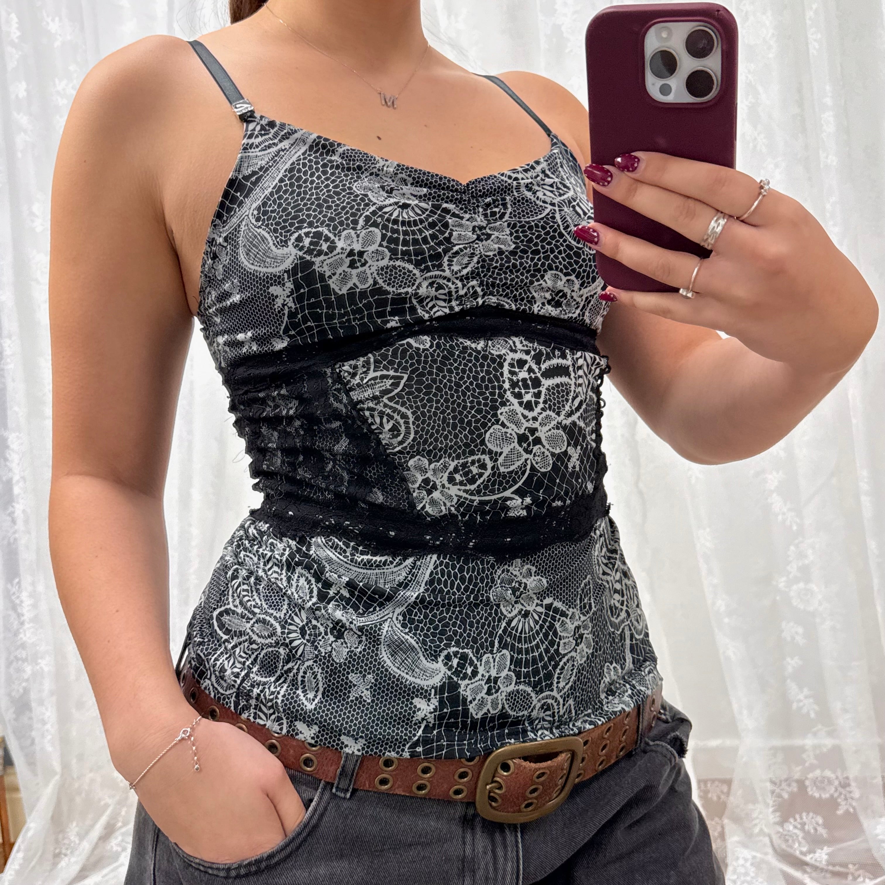 Black and white slinky lace cami top