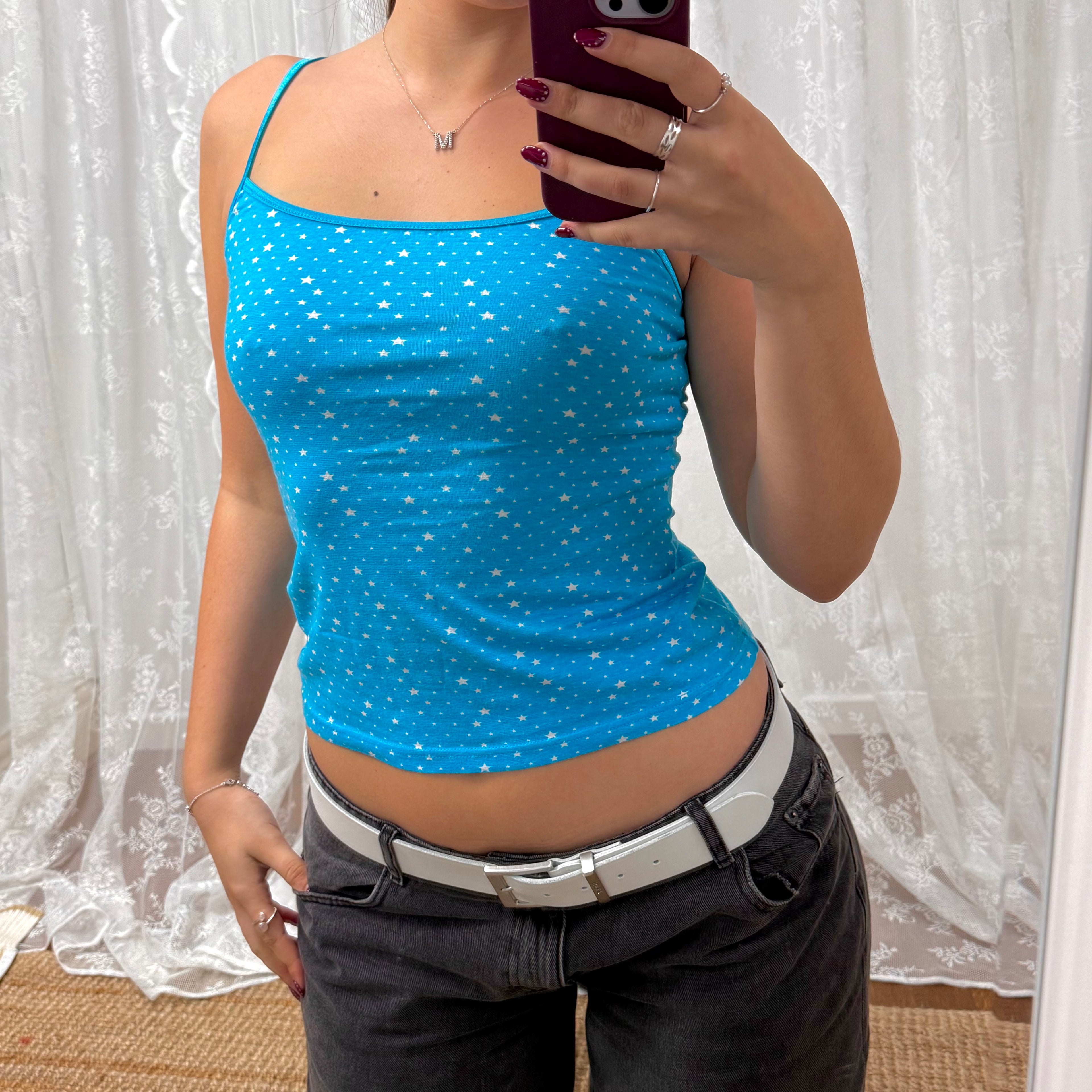 Blue and white starry strappy cami top