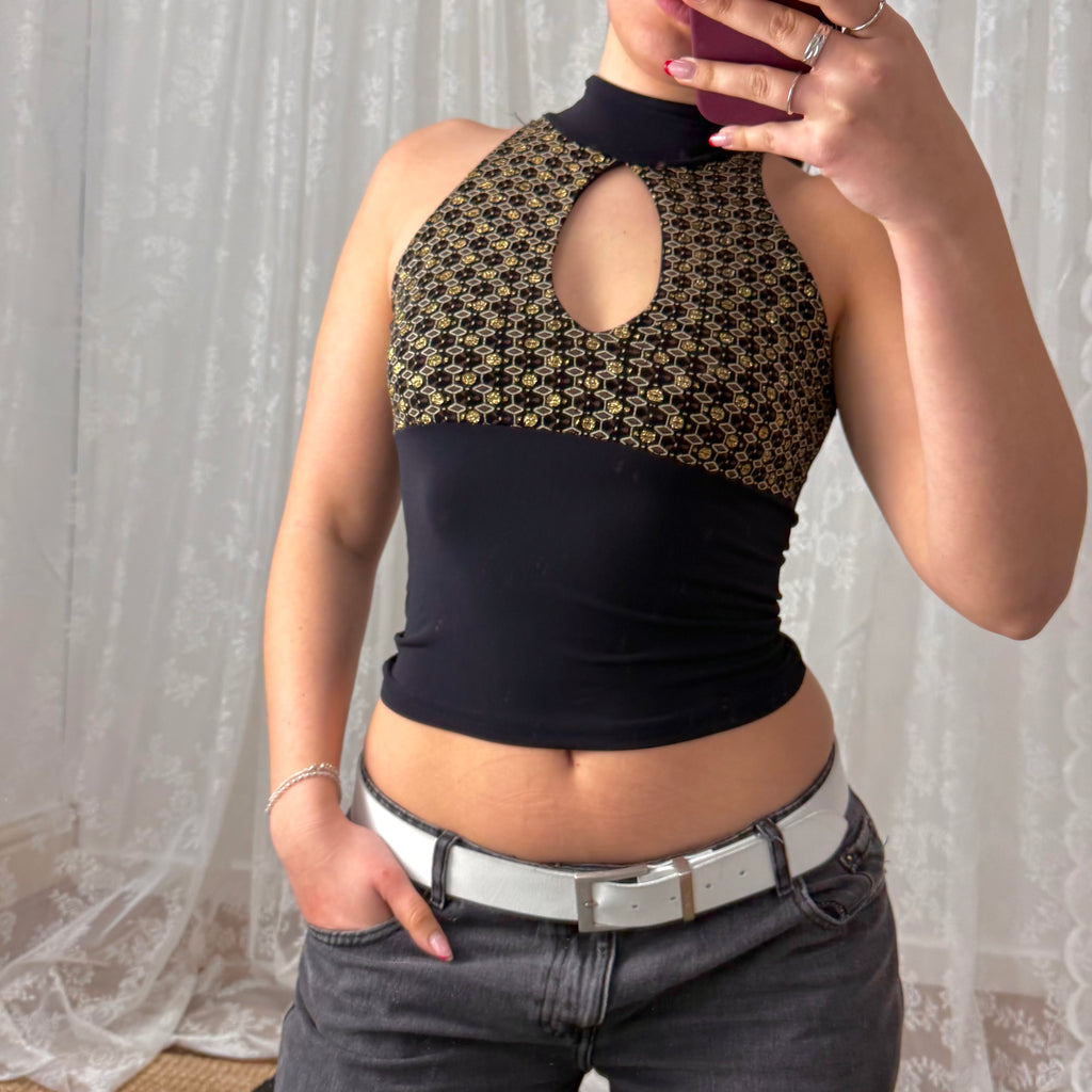 Black and gold glittery cut out top